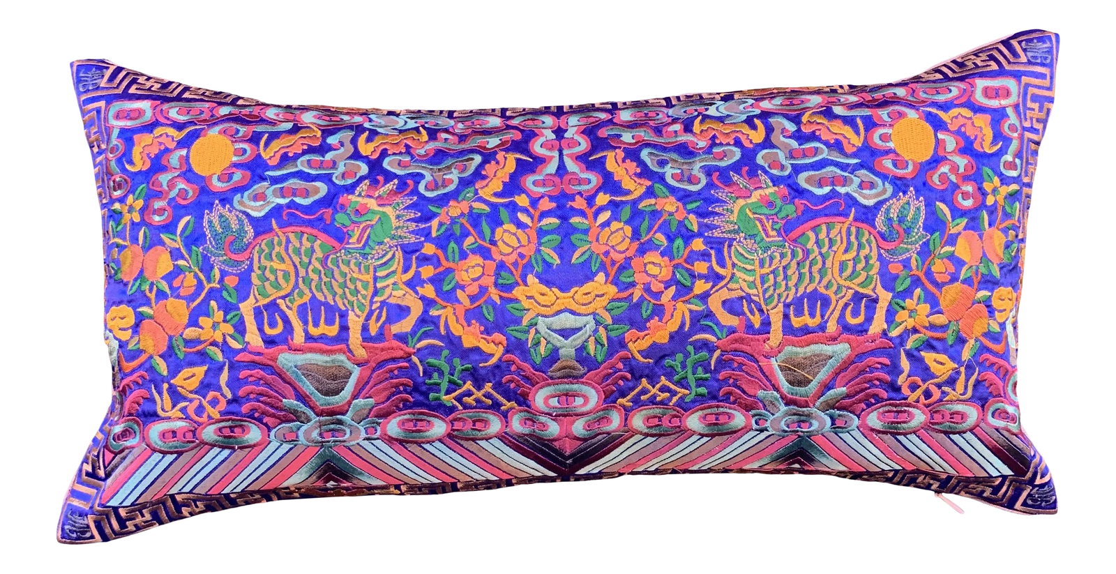 Hollywood Regency Royal Blue & Gold Silk Embroidered Foo Dogs Chinoiserie Boudoir Lumbar Pillow: Boudoir lumbar pillow made of a vintage colorful embroidered silk Asian textile fragment from a Chinese Opera Robe. A perfect little pop of color! New linen back and zipper closure. Custom down feathe