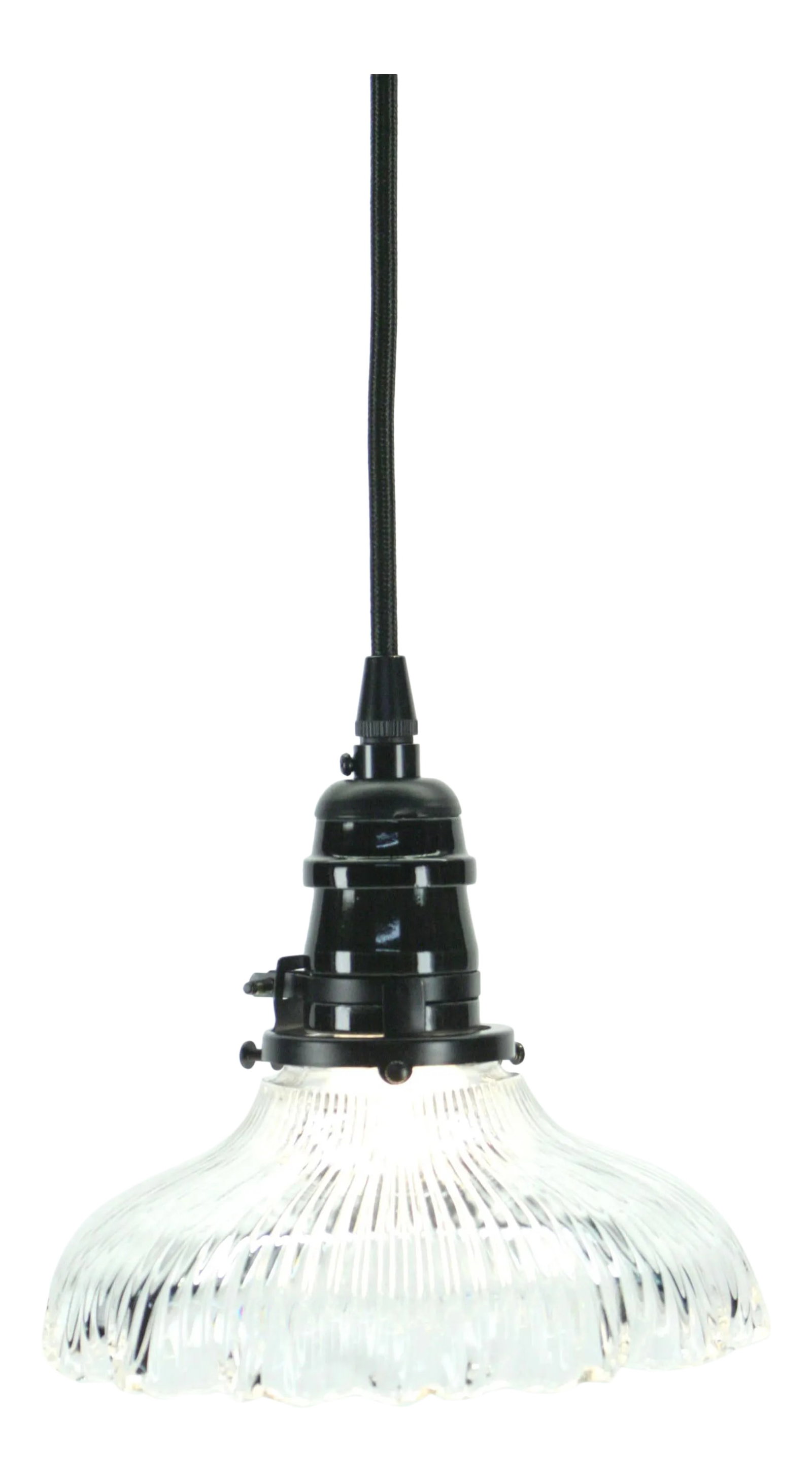 1910s Clear Holophane Pendant: Nice classic Holophane clear prismatic glass shade hung from a black porcelain socked in the old style. Ceiling canopy is also new in old style black porcelain. 6" diameter shade and whole fixture is