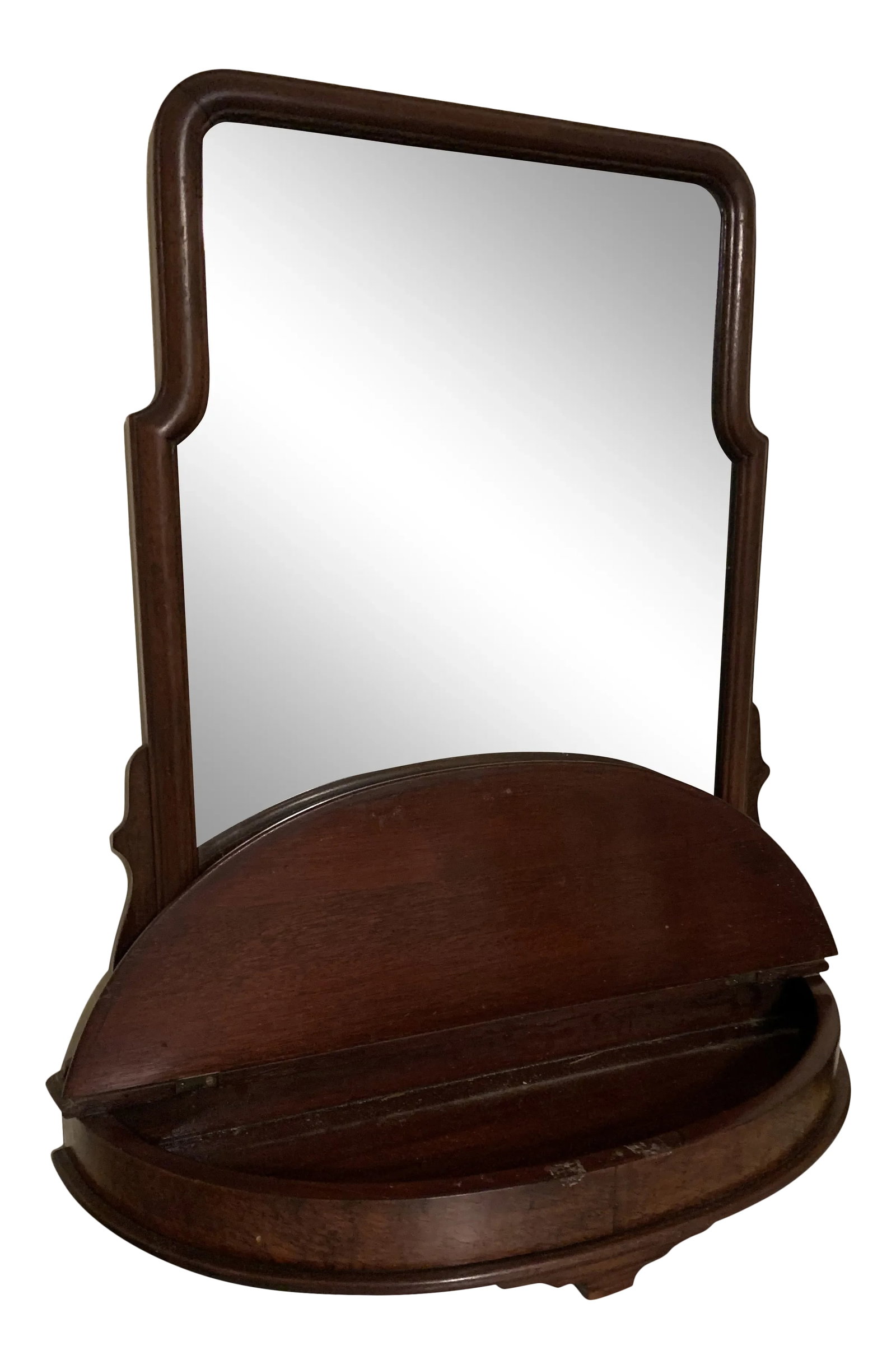 19th Century Oak Vanity Mirror With Jewelry Box: Beautiful antique oak Vanity mirror with hinged top jewelry box. Curvilinear jewelry box base Finished with tiger veneer. Decorative mirror Frame with Carved wood mounting brackets. Three carved feet,