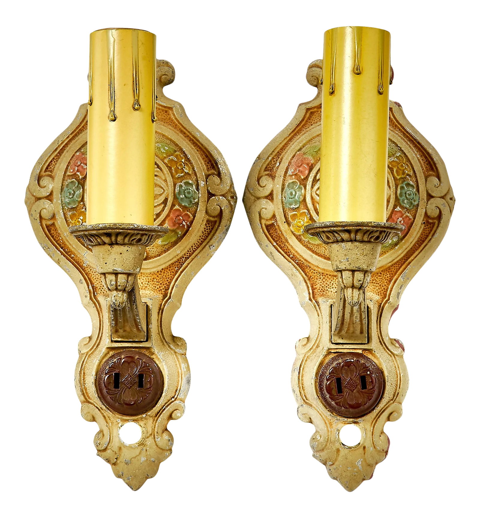 1920's Hand Painted Art Deco Cast Aluminum Wall Sconces - a Pair: Natural aging and patina doesn't get much better than what is on these sconces. Outlets are original but are purely decorative now, they are not wired. Since these are cast aluminum they are quite