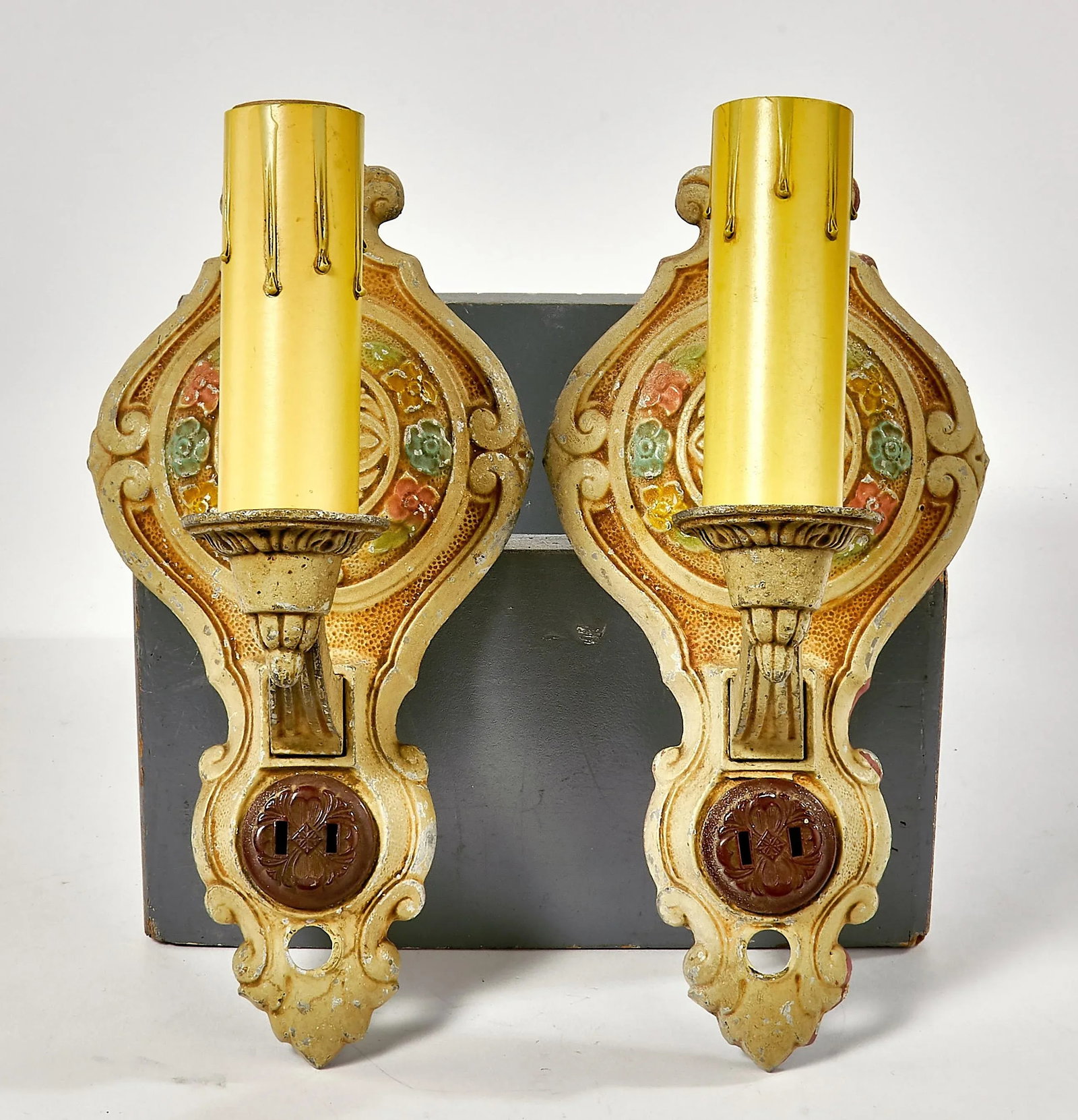 1920's Hand Painted Art Deco Cast Aluminum Wall Sconces - a Pair - 2