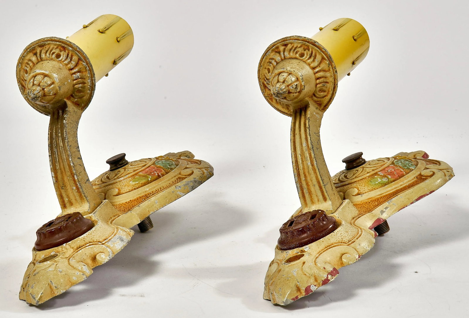 1920's Hand Painted Art Deco Cast Aluminum Wall Sconces - a Pair - 7