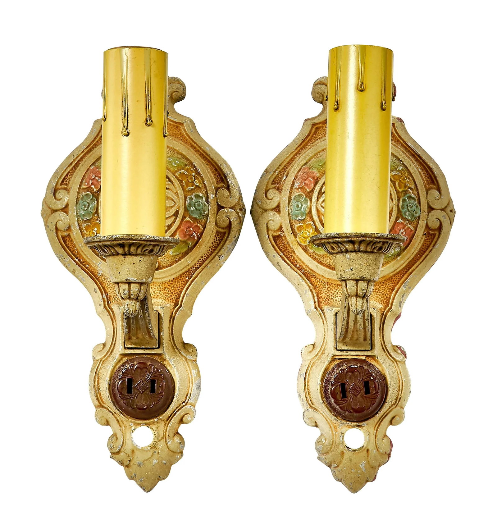 1920's Hand Painted Art Deco Cast Aluminum Wall Sconces - a Pair - 9