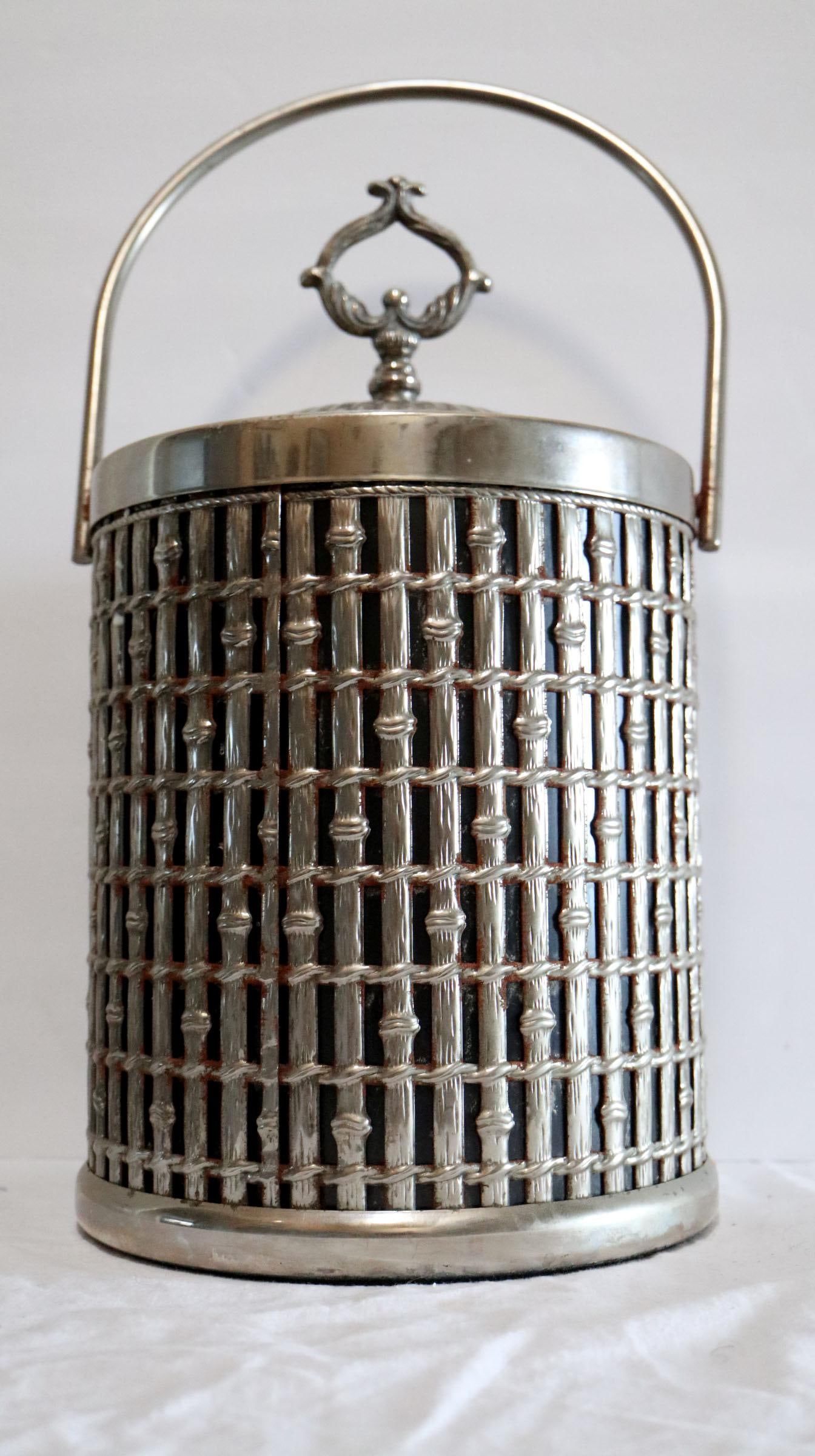 1960s Mid Century Silver Plate Faux Bamboo Ice Bucket With Handle - 2