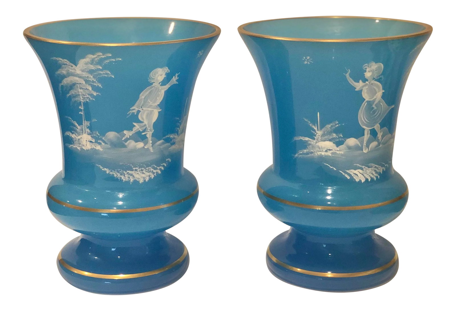 Victorian Opaline Glass Vases Hand Painted With Gilt Detail - a Pair: Beautiful pair of complimentary Victorian Opaline Glass Vases. Hand painted with gilt detail. Exquisite color. Condition: Alterations: Original Condition Unaltered Imperfections: Some Imperfections