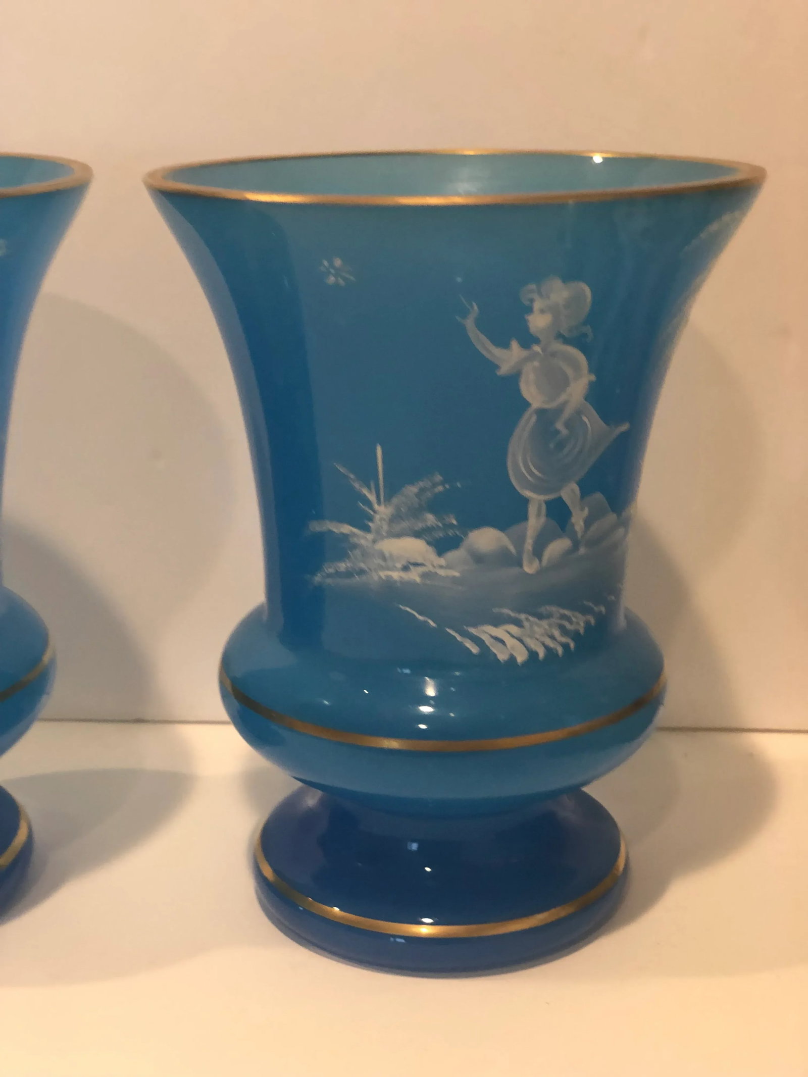 Victorian Opaline Glass Vases Hand Painted With Gilt Detail - a Pair - 2