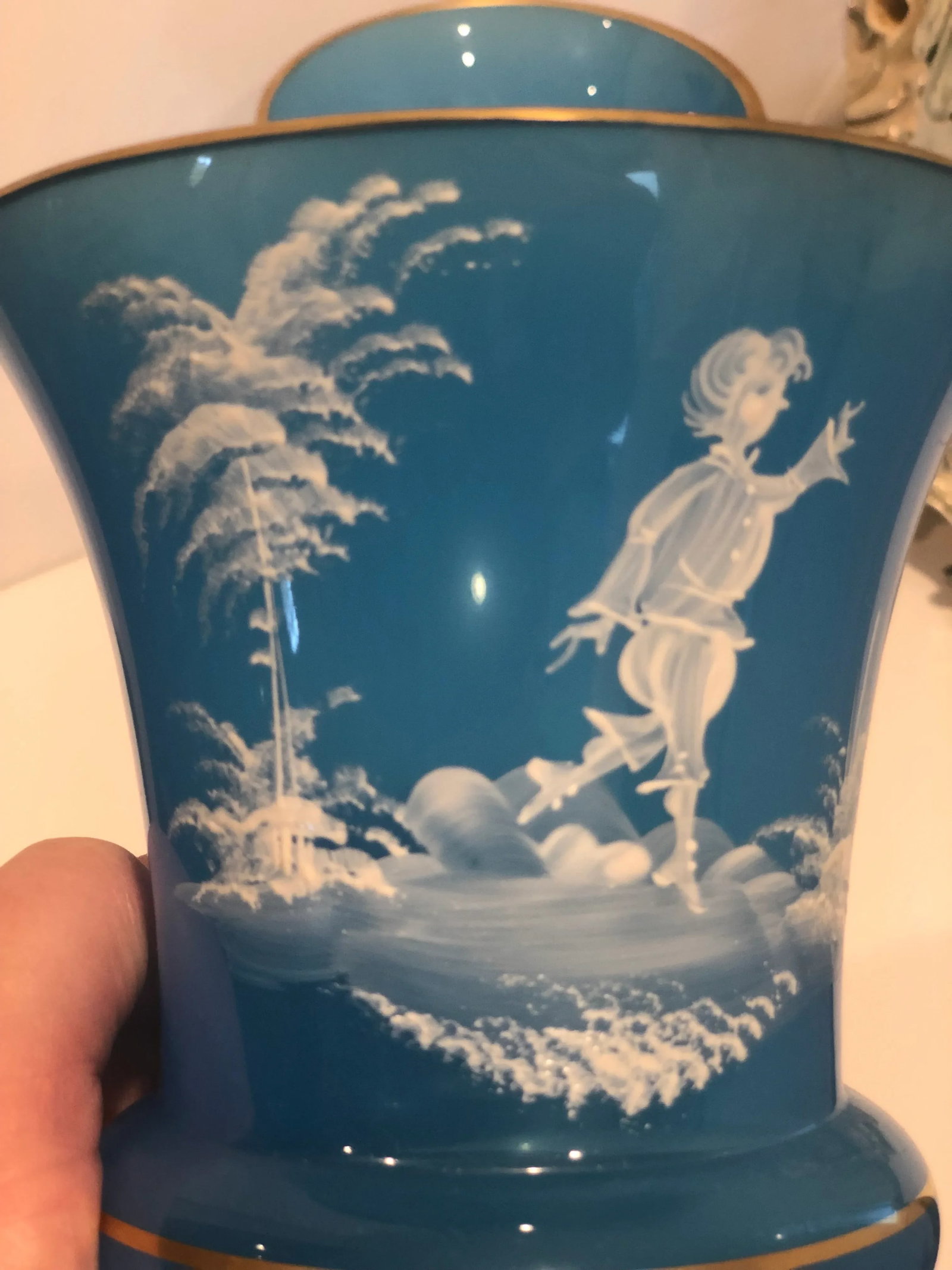 Victorian Opaline Glass Vases Hand Painted With Gilt Detail - a Pair - 3