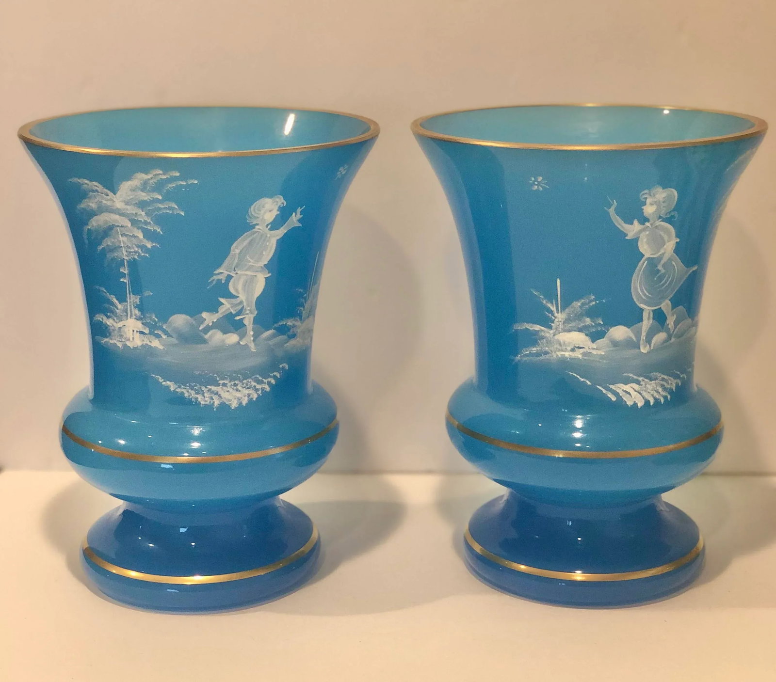 Victorian Opaline Glass Vases Hand Painted With Gilt Detail - a Pair - 7
