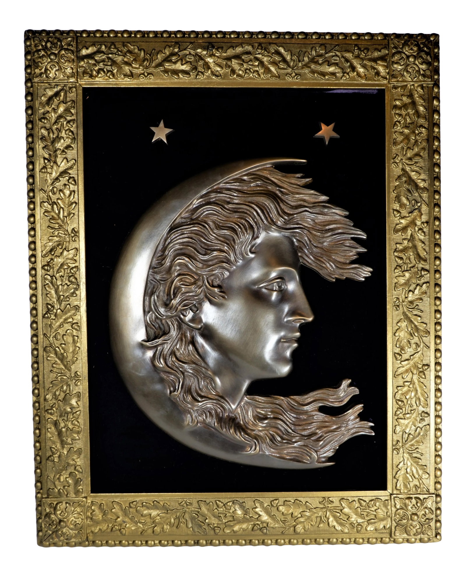Antique 1900s Cast Bronze Woman's Face in Crescent Moon Plaque90: An antique cast bronze plaque of a woman's face in a half moon/crescent moon. Heavy and highly detailed casting. Plaque is attached to a wood board by two large screws. Also included is two bronze