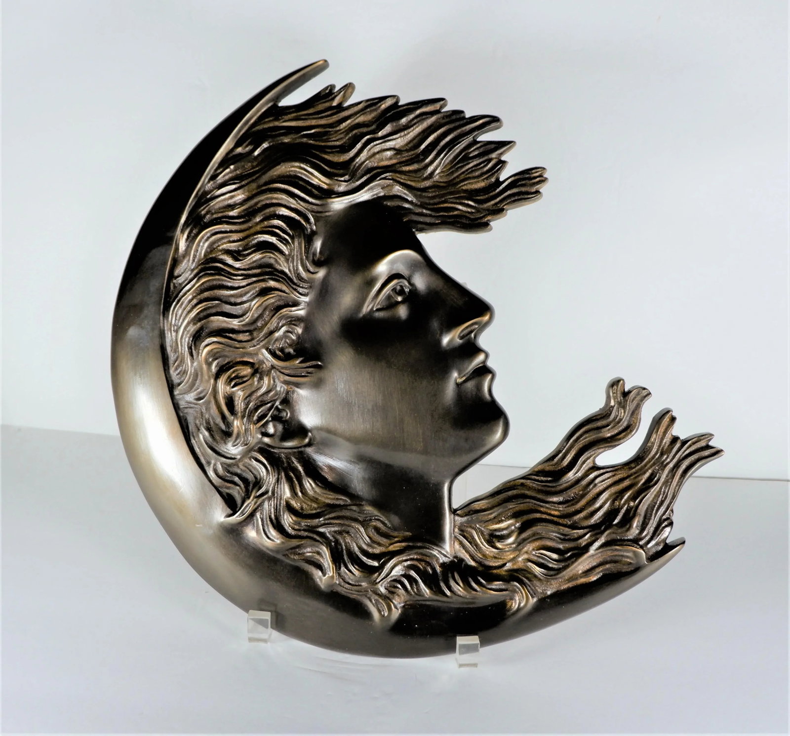 Antique 1900s Cast Bronze Woman's Face in Crescent Moon Plaque90 - 2