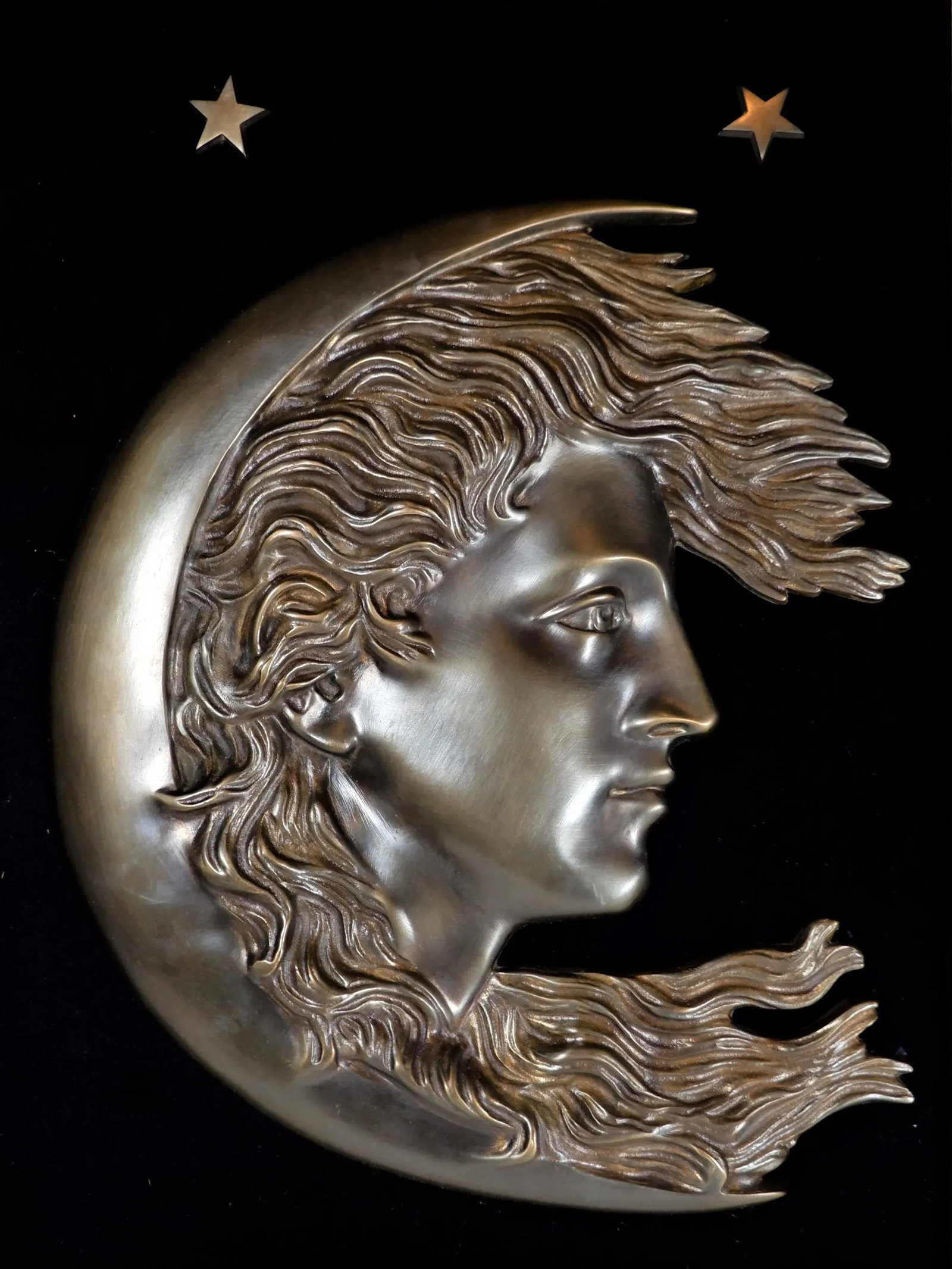 Antique 1900s Cast Bronze Woman's Face in Crescent Moon Plaque90 - 3