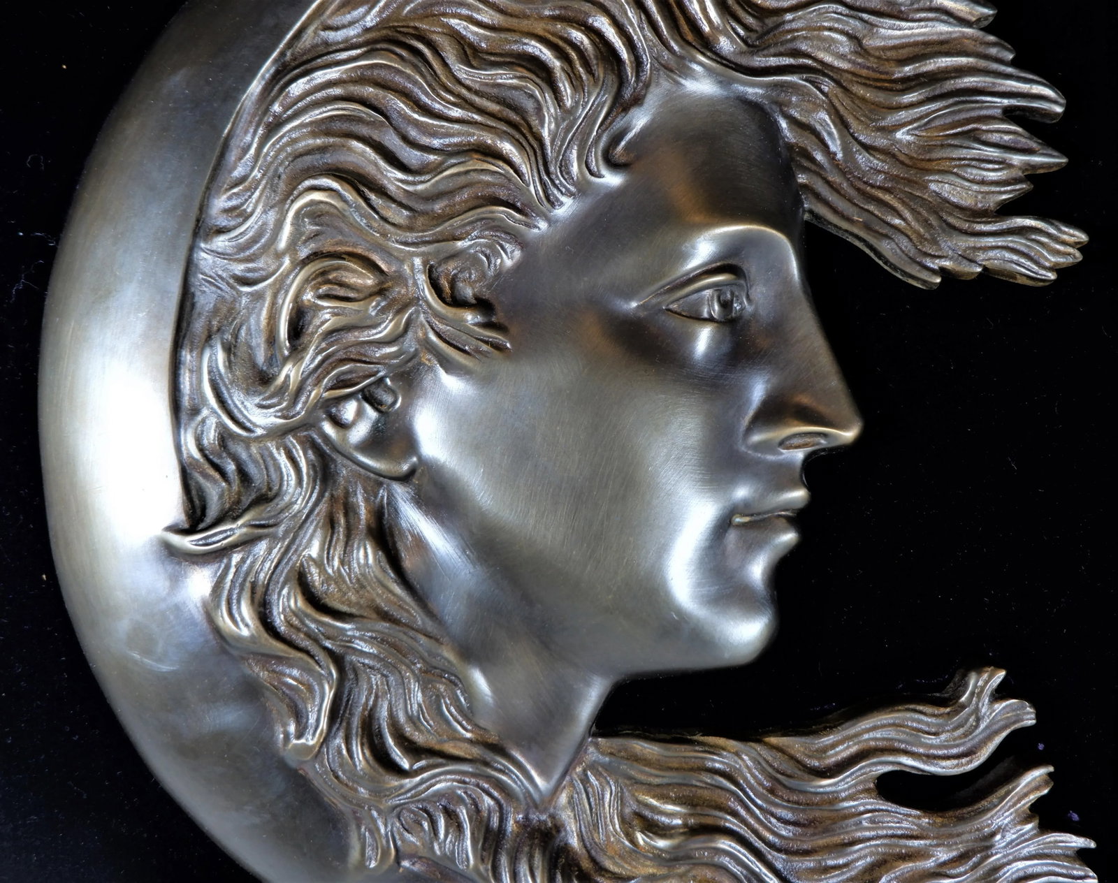 Antique 1900s Cast Bronze Woman's Face in Crescent Moon Plaque90 - 4