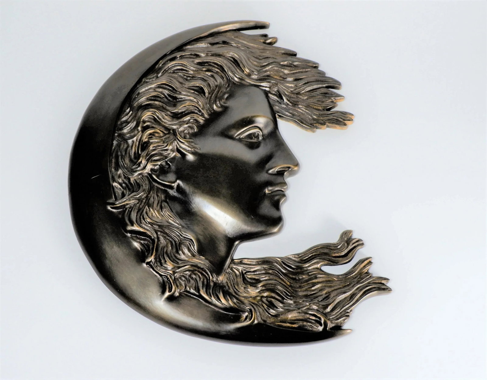 Antique 1900s Cast Bronze Woman's Face in Crescent Moon Plaque90 - 7
