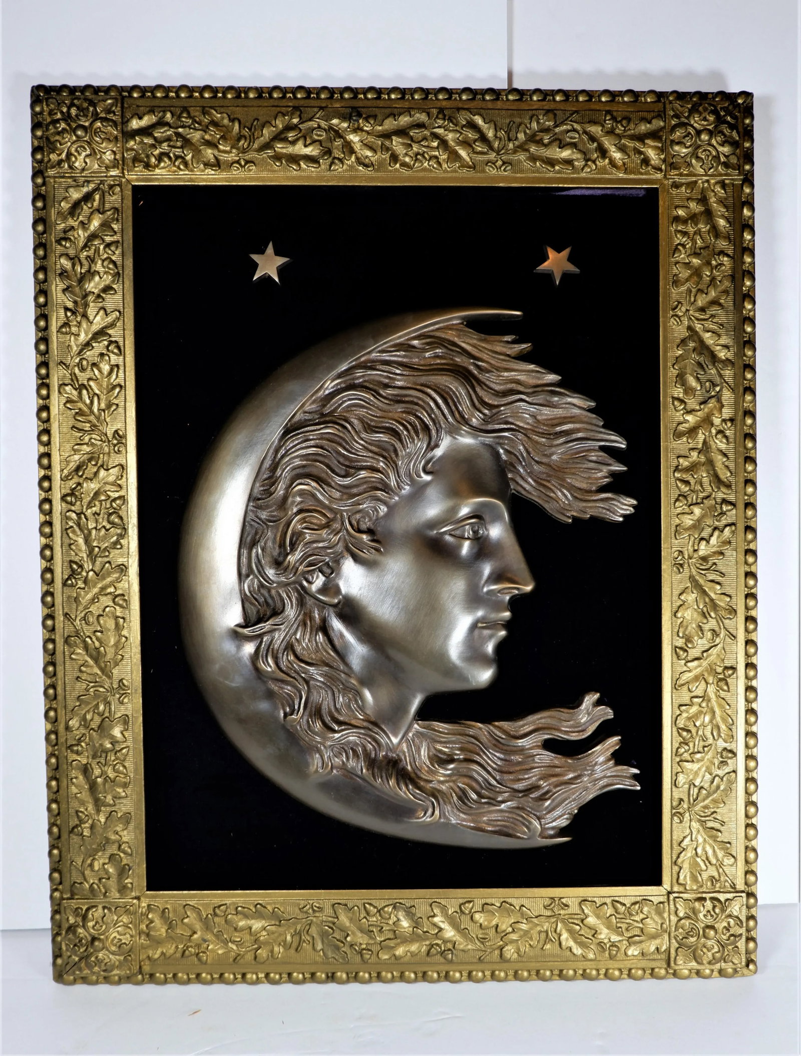Antique 1900s Cast Bronze Woman's Face in Crescent Moon Plaque90 - 9