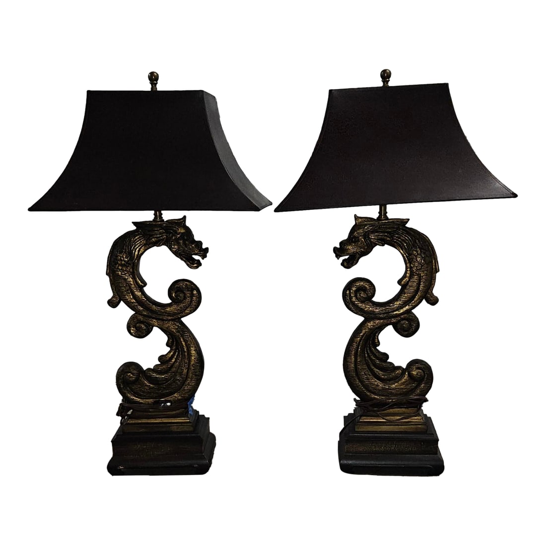 Dragon / Serpent Lamps - a Pair: Stunning pair of dragon lamps would make a fabulous statement on an entry or dining console. Resin with gilt bronze/golden finish. Rectangular shades are black with red crackling on the outside and