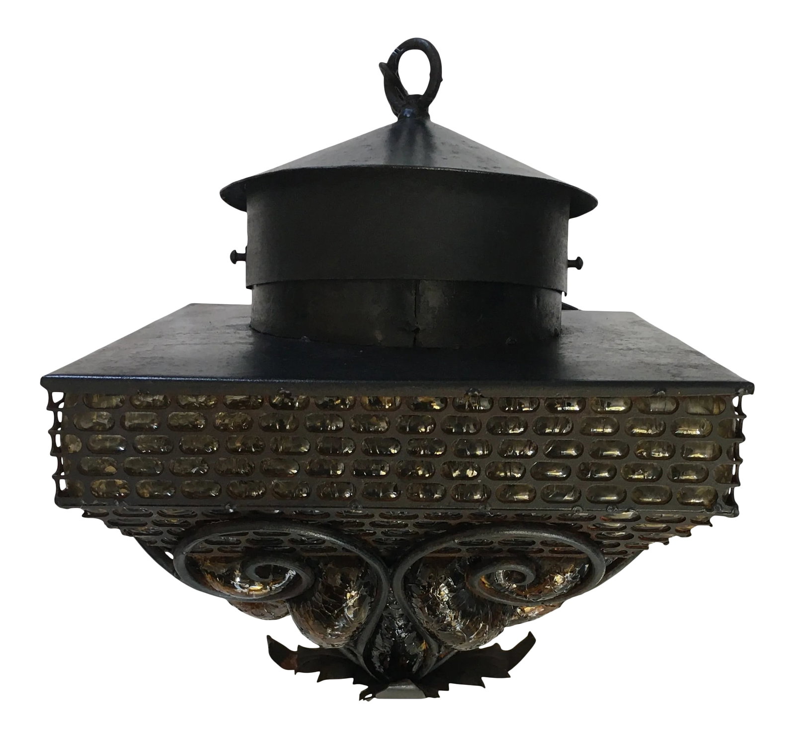 1970s Spanish Revival Wrought Iron With Amber Glass: This is a great fixture for a Spanish Revival, Hacienda or Rustic home. It is all hand wrought iron with crackle amber glass blown into it. I am sure it was made in Mexico during the late 1960's to