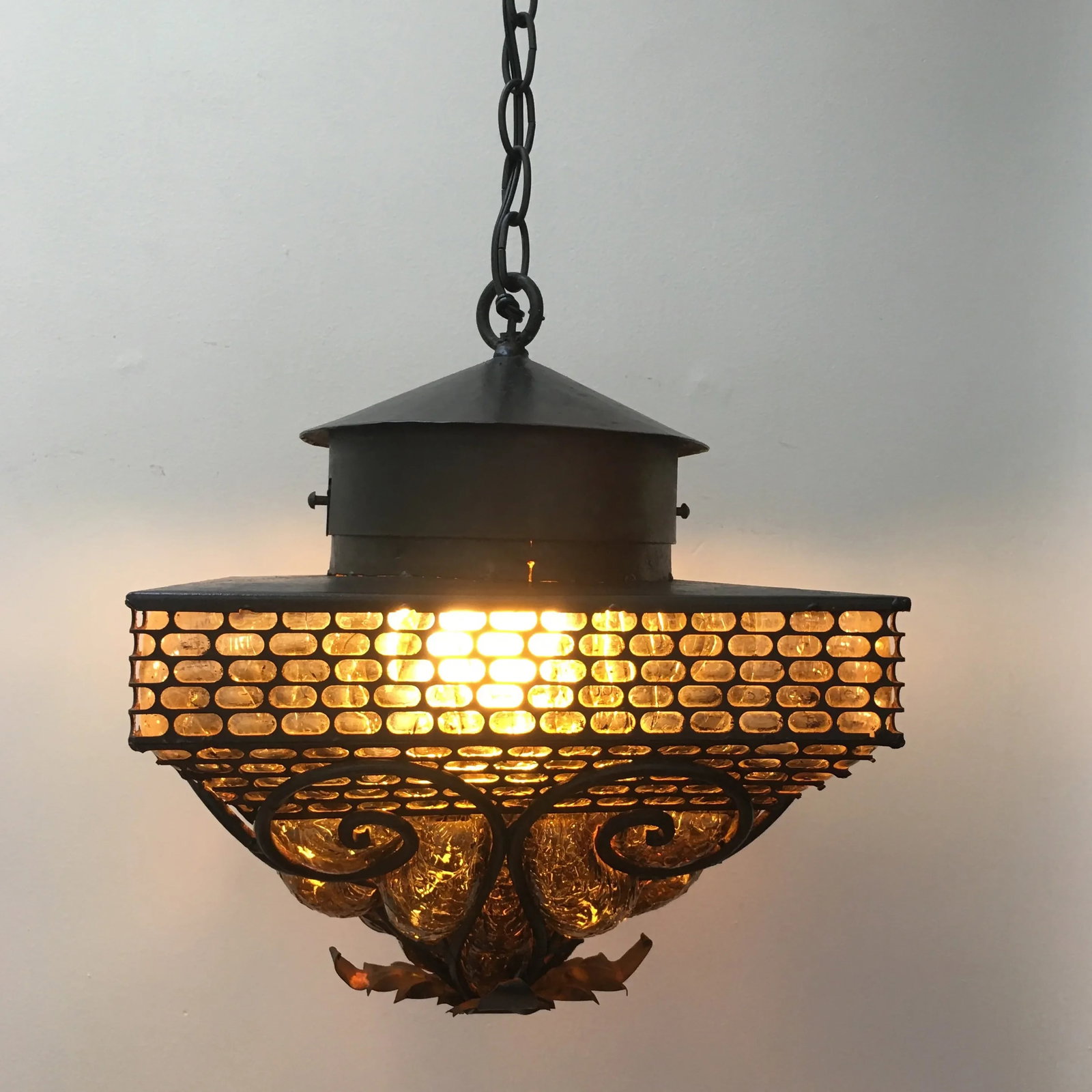1970s Spanish Revival Wrought Iron With Amber Glass - 2