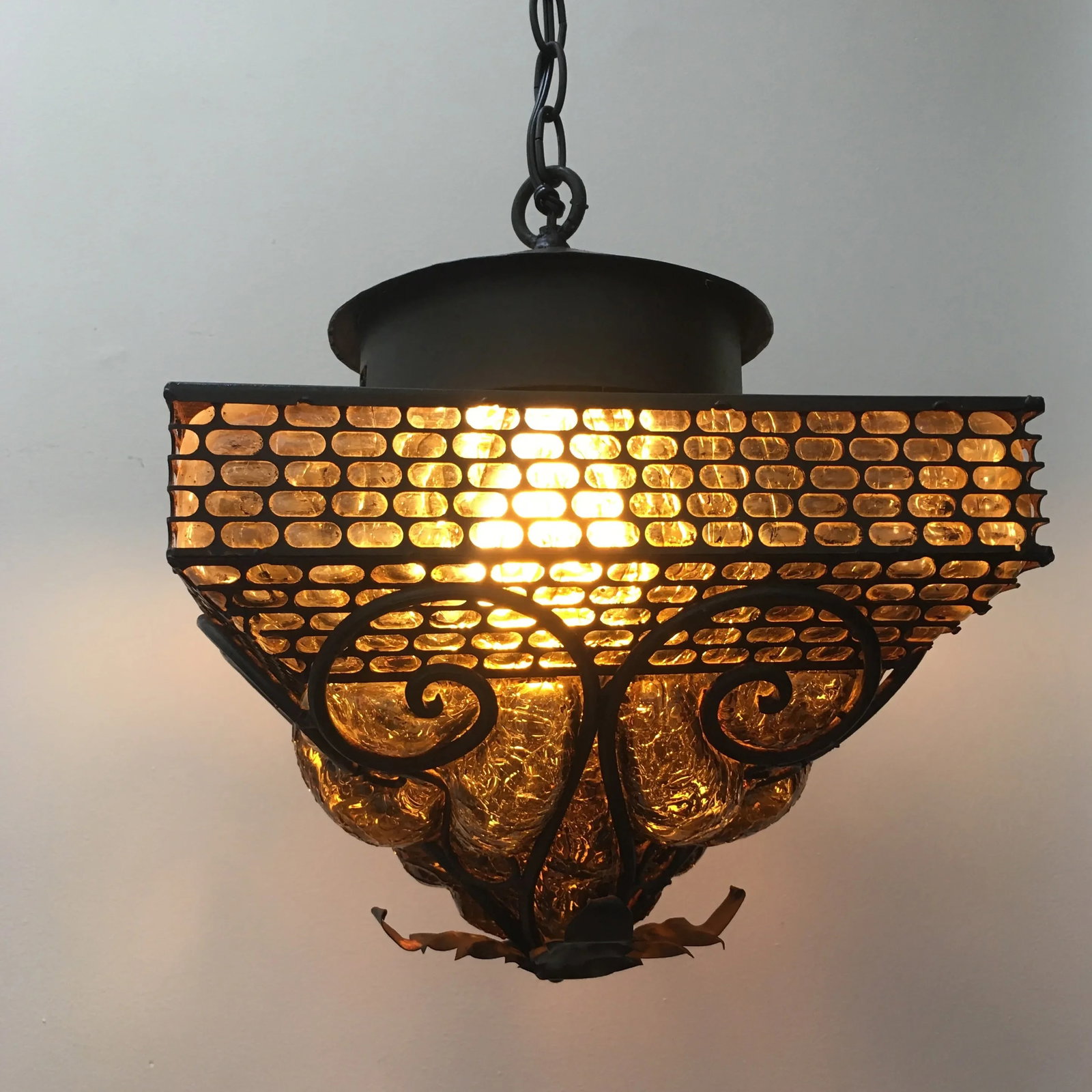 1970s Spanish Revival Wrought Iron With Amber Glass - 3
