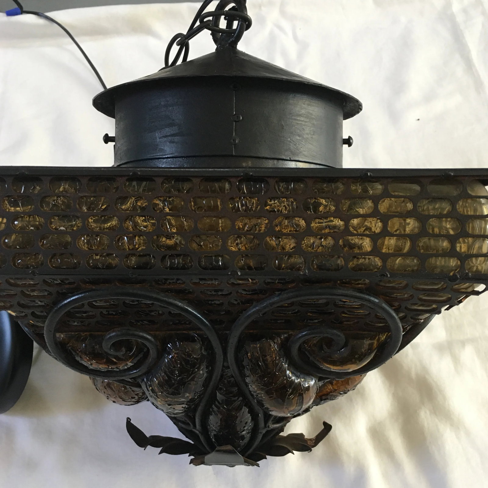 1970s Spanish Revival Wrought Iron With Amber Glass - 8
