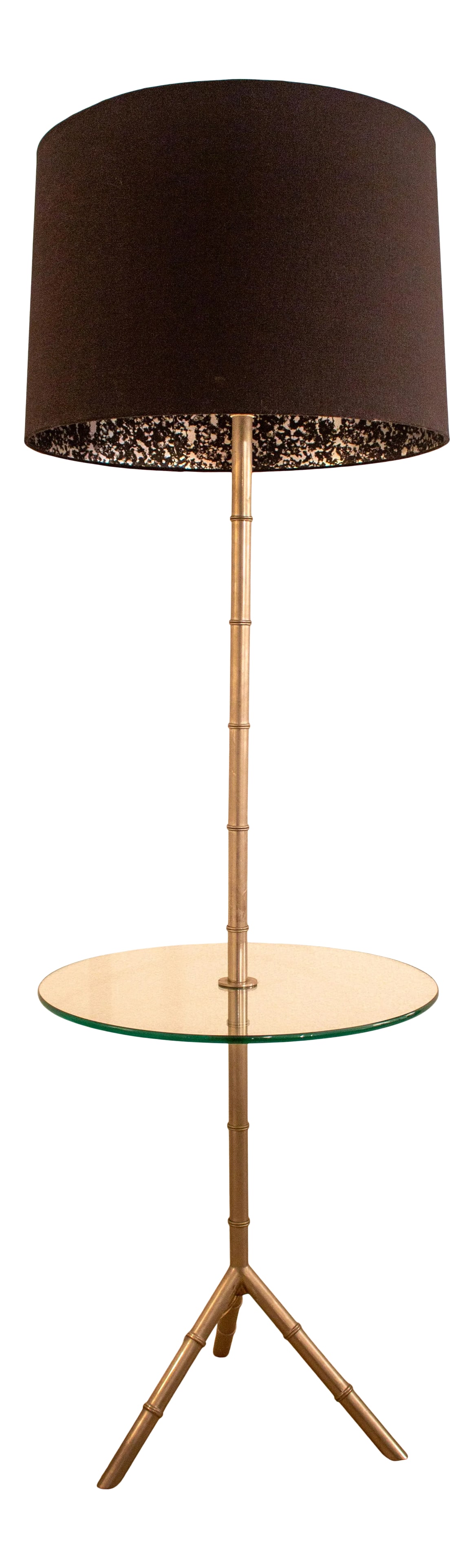 Jonathan Adler Meurice Silver Bamboo Table Floor Lamp: Hollywood Regency Silver chrome bamboo tripod floor lamp with built in cocktail/drinks table and custom black linen shade featuring the original silver-and-black foil lining. The silver version of