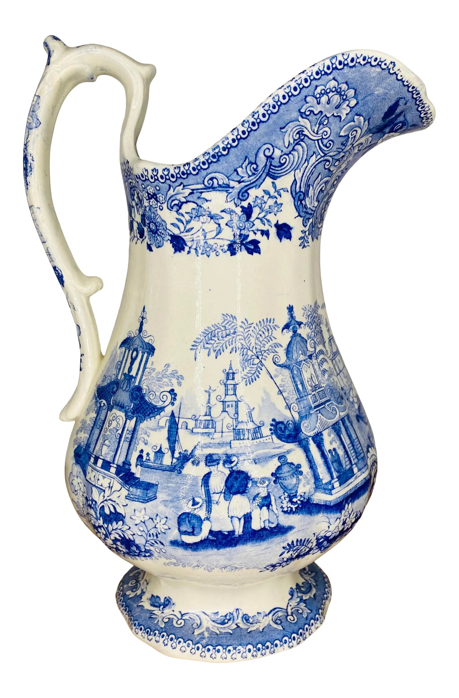 19th Century English Blue and White Staffordshire Pitcher: Very large, exceptional, Chinoiserie English transferware pitcher with fanciful pagodas, Asian figures and boats amongst exotic foliage and all in pristine condition. Condition: Alterations: Original 
