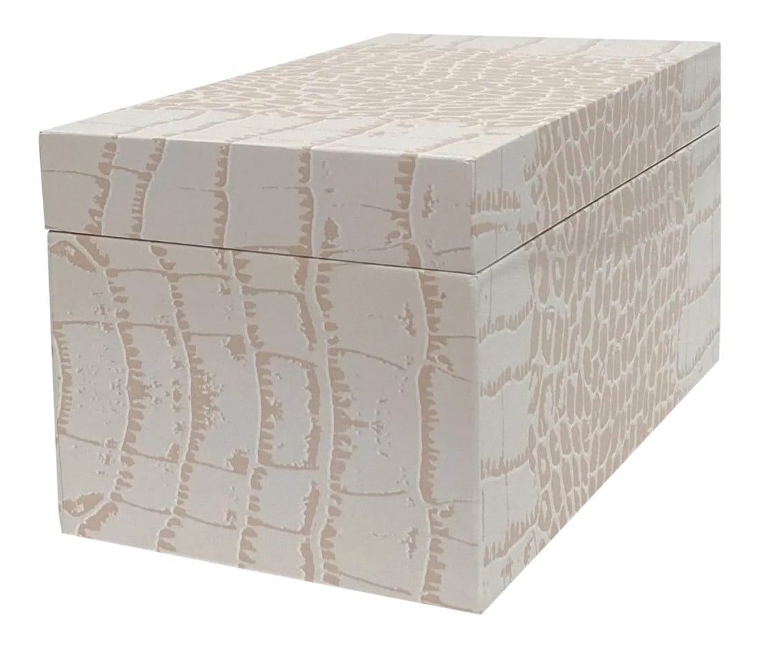 Pink Crocodile Pattern American Made Wood Box: This beautiful handmade keepsake is made of painted wood in white. It is wrapped in vinyl, digitally printed pink crocodile pattern. It can be wiped clean since the finish is vinyl. Condition: