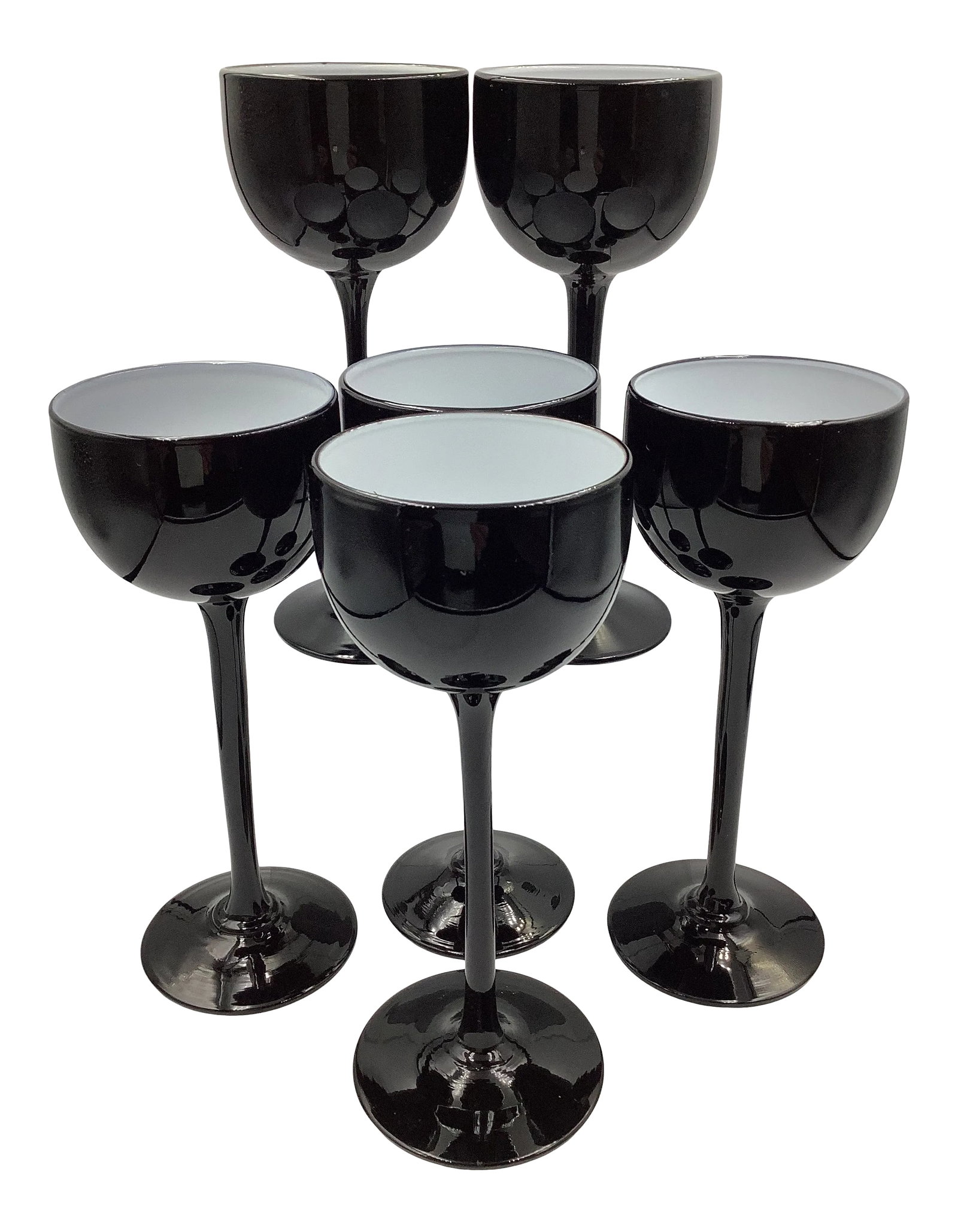 Vintage Carlo Moretti Italy Black & White Cased Glass Tall Stem Cordial Glasses - Set of 6: A rare and fabulous set of 6 vintage Carlo Moretti tall stem Cordial cased glasses. They measure 7" x 2 1/2" and are in excellent condition. Try using uship for a more affordable delivery option.