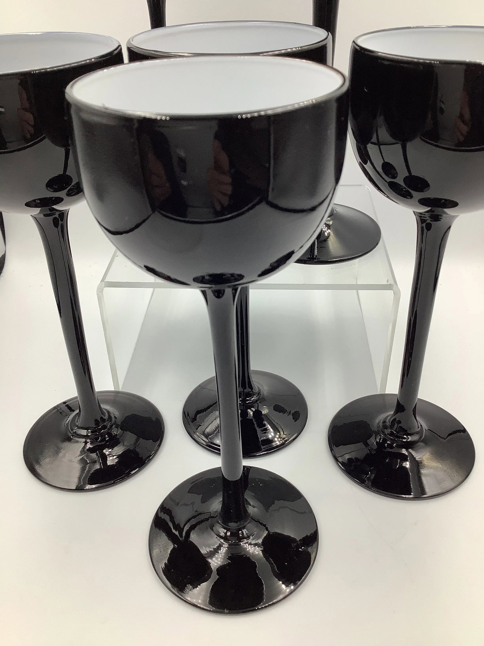 Vintage Carlo Moretti Italy Black & White Cased Glass Tall Stem Cordial Glasses - Set of 6 - 3