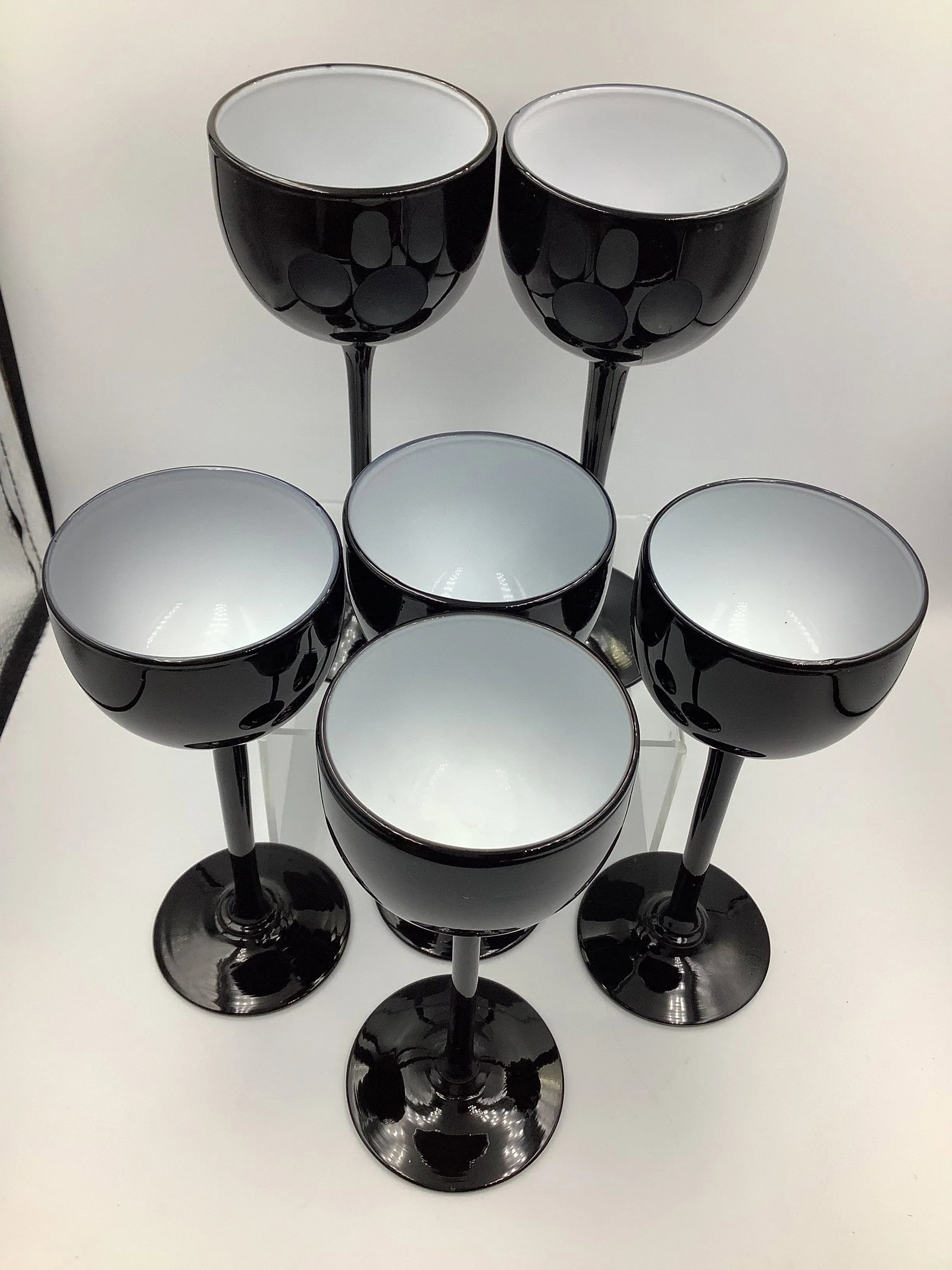 Vintage Carlo Moretti Italy Black & White Cased Glass Tall Stem Cordial Glasses - Set of 6 - 6