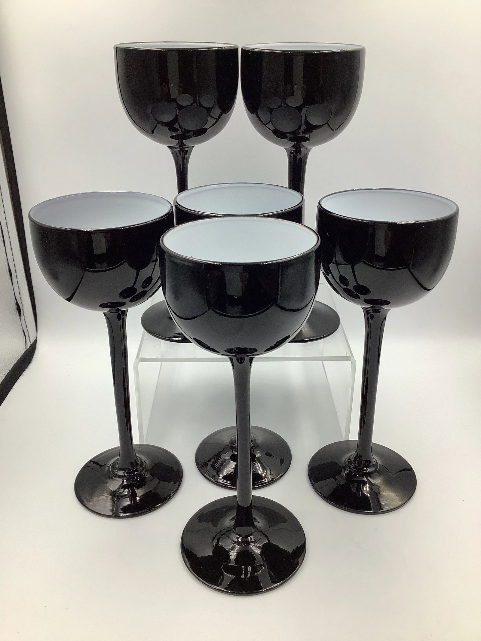 Vintage Carlo Moretti Italy Black & White Cased Glass Tall Stem Cordial Glasses - Set of 6 - 7