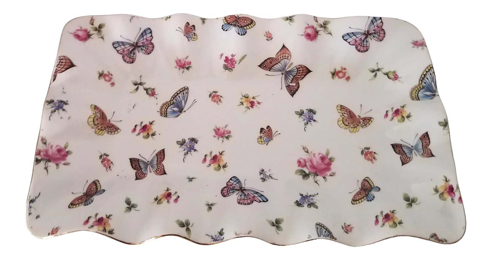 1970s Mayfair Collection Jay Porcelain Butterfly Platter: Vintage "Mayfair Collection" Signed by the artist Jay. Stunning porcelain small butterfly platter. Serve your guests with flair and fashion. The gold gilt paint around the scalloped edges compliment