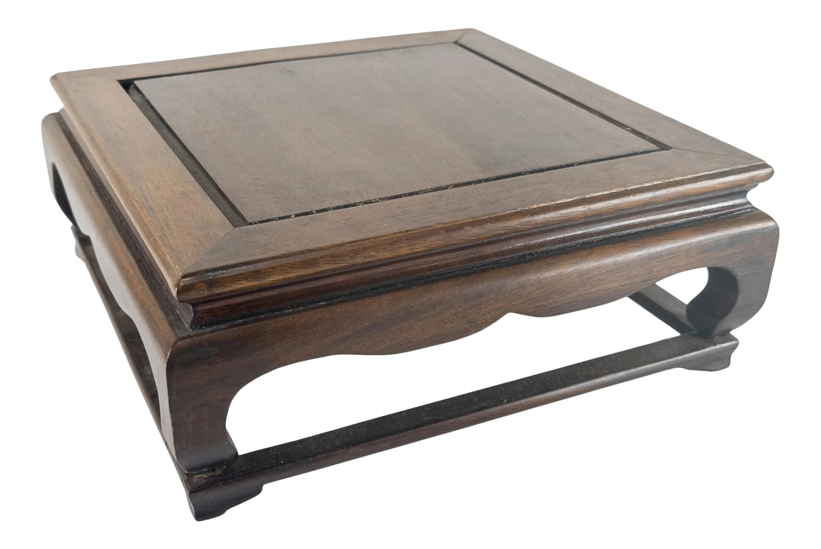 Asian Hardwood Miniature Pedestal: We are offering this nice square Chinese or Japanese wooden stand. The stand has a miniature table form with square top, it appears to be made from a nice rosewood or mahogany type wood. The table is