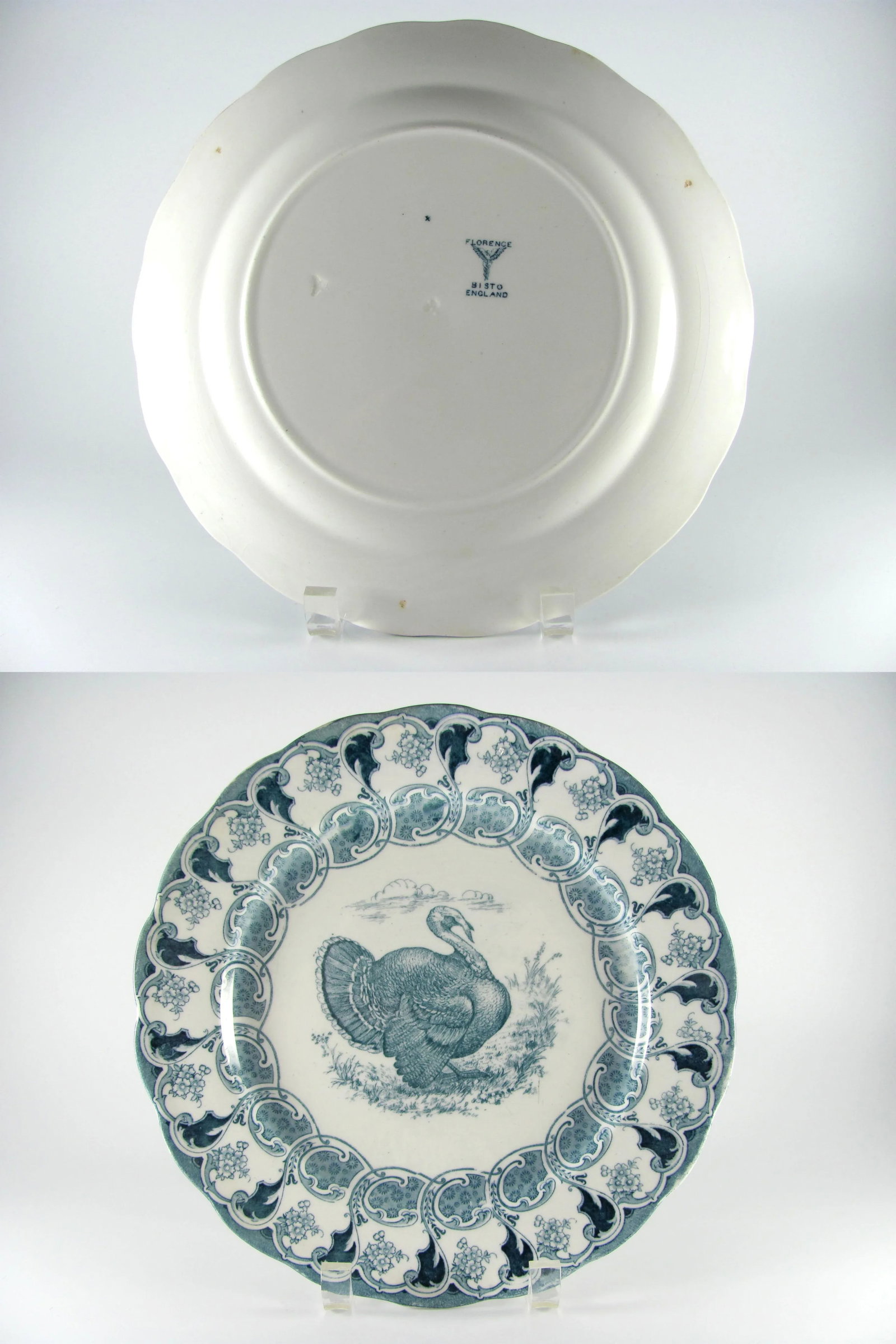 1900s Antique Bishop & Stonier Bisto Florence Turkey Teal Flow Blue Dinner Plates - Set of 4 - 11