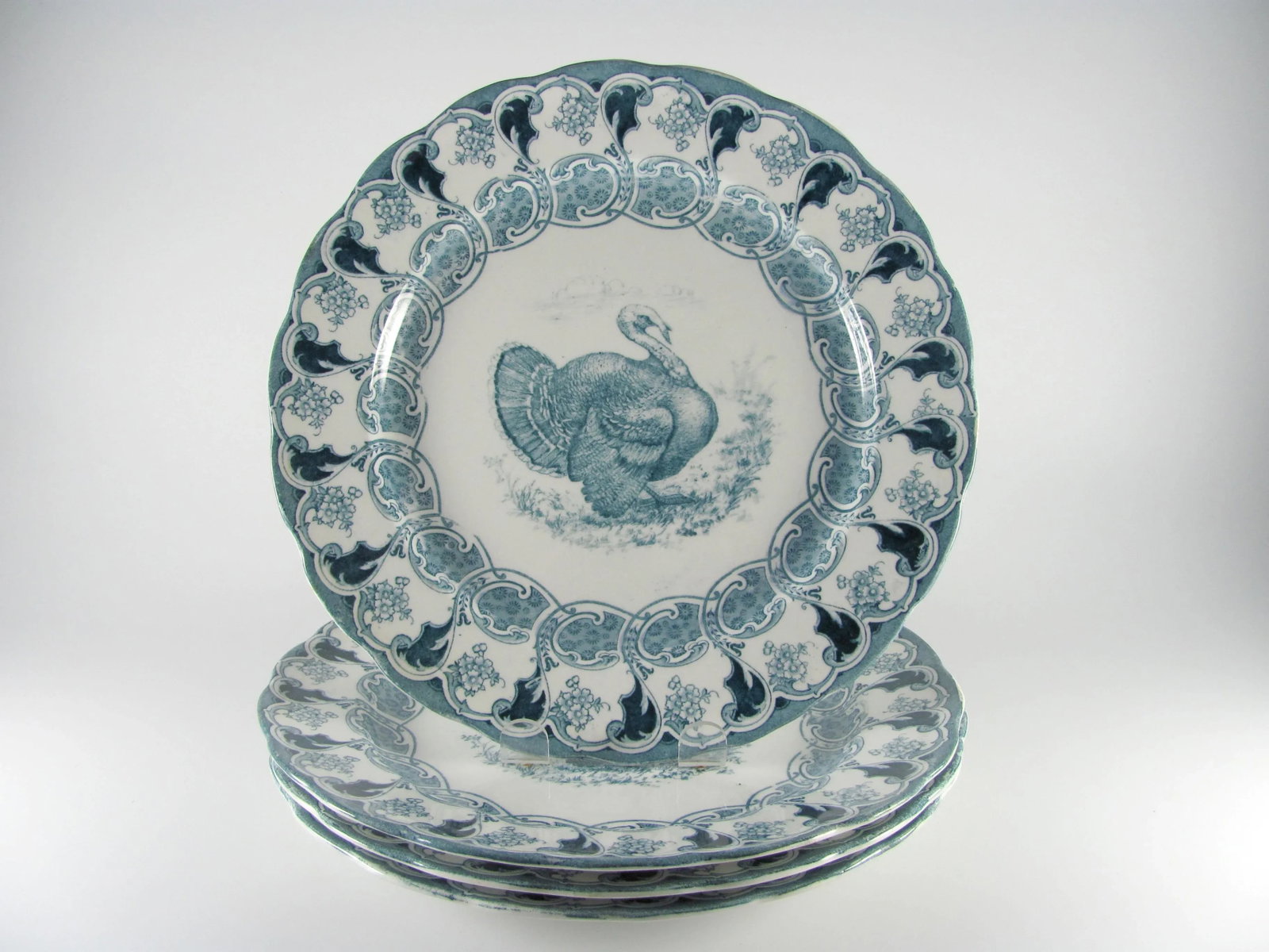 1900s Antique Bishop & Stonier Bisto Florence Turkey Teal Flow Blue Dinner Plates - Set of 4 - 13