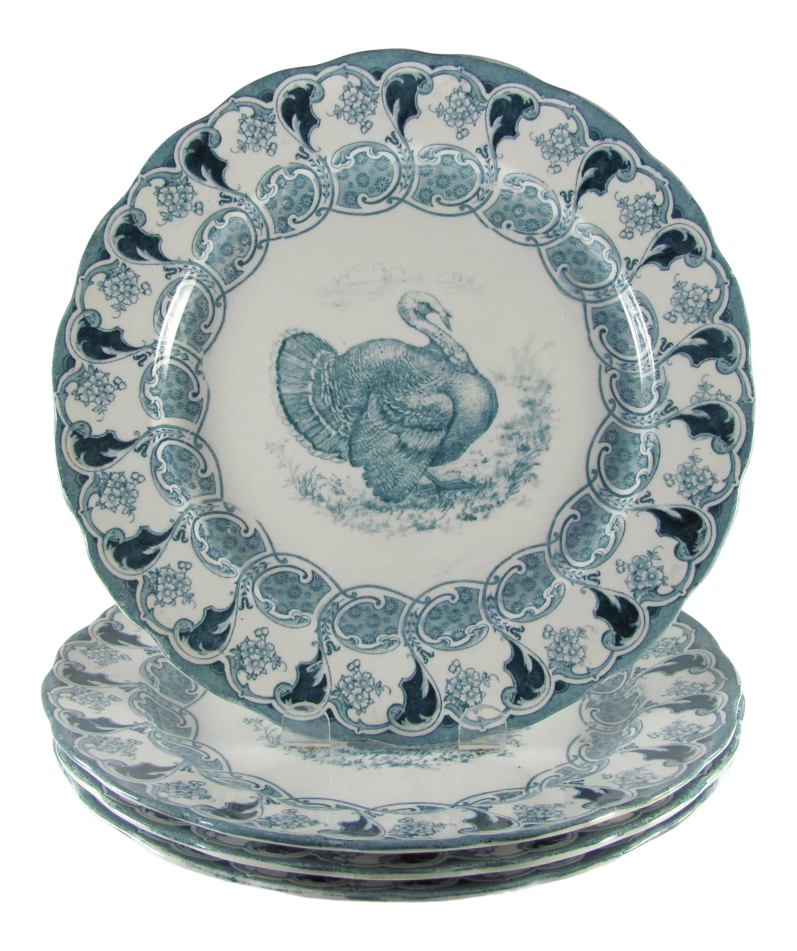 1900s Antique Bishop & Stonier Bisto Florence Turkey Teal Flow Blue Dinner Plates - Set of 4: These scarce antique transferware dinner plates by Bishop & Stonier of England (Bisto) were produced in England in the late 1800s or early 1900s. They are in quite lovely condition considering their