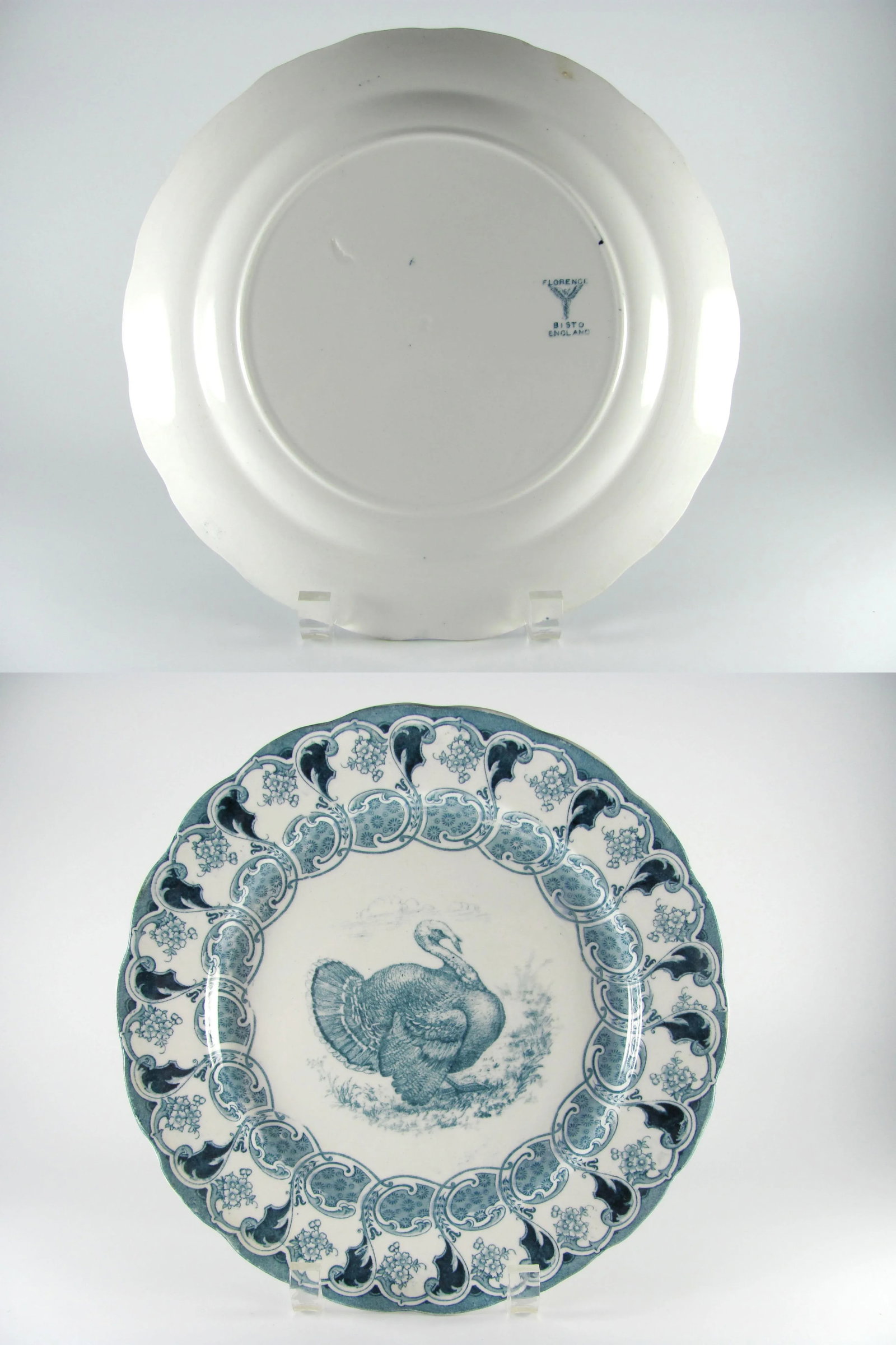 1900s Antique Bishop & Stonier Bisto Florence Turkey Teal Flow Blue Dinner Plates - Set of 4 - 2