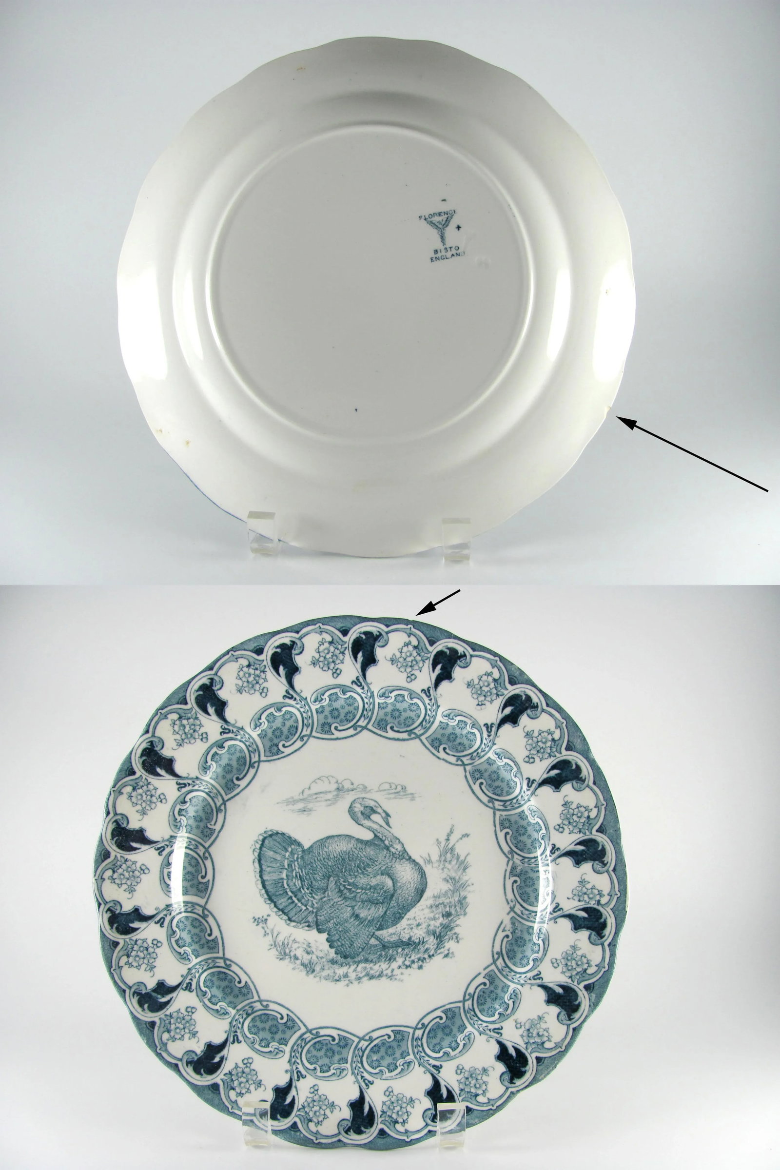 1900s Antique Bishop & Stonier Bisto Florence Turkey Teal Flow Blue Dinner Plates - Set of 4 - 5