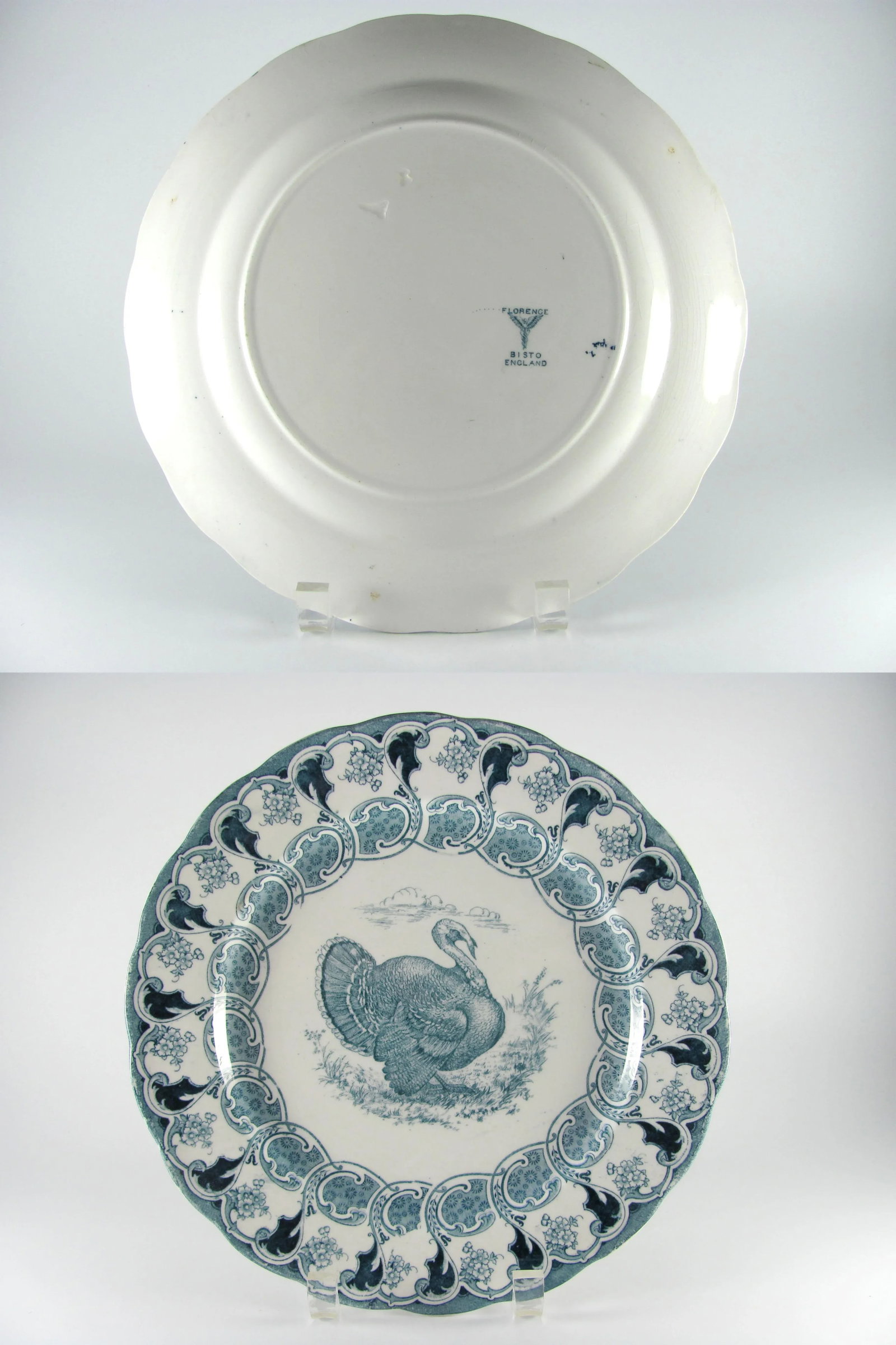 1900s Antique Bishop & Stonier Bisto Florence Turkey Teal Flow Blue Dinner Plates - Set of 4 - 8