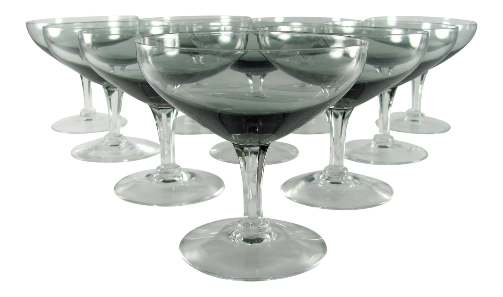 Mid Century Crystal Smoke Gray Ombre Coupe Glass Champagne Barware Stemware - Set of 10: Gray bowl with clear foot and multifaceted stem Glass is fine and tings beautifully when tapped Condition: Alterations: Original Condition Unaltered Imperfections: Some Imperfections Condition Notes: