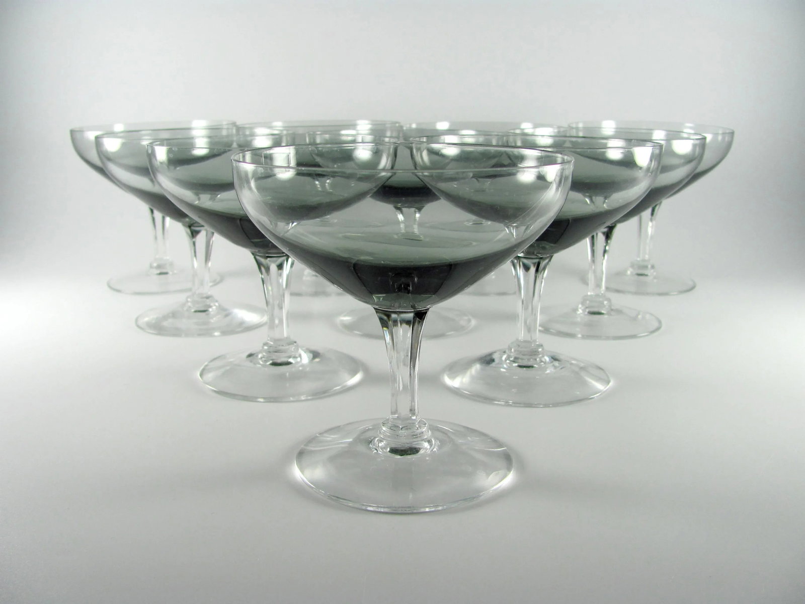Mid Century Crystal Smoke Gray Ombre Coupe Glass Champagne Barware Stemware - Set of 10 - 5