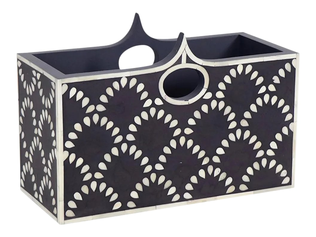 Bone Inlay Magazine Holder: This bone-inlaid piece brings both style and organization to your home or office. Available in arabesque, ikat, geometric and Chintamani patterns, it was designed by Sheherazade's Rachid Ouassil in
