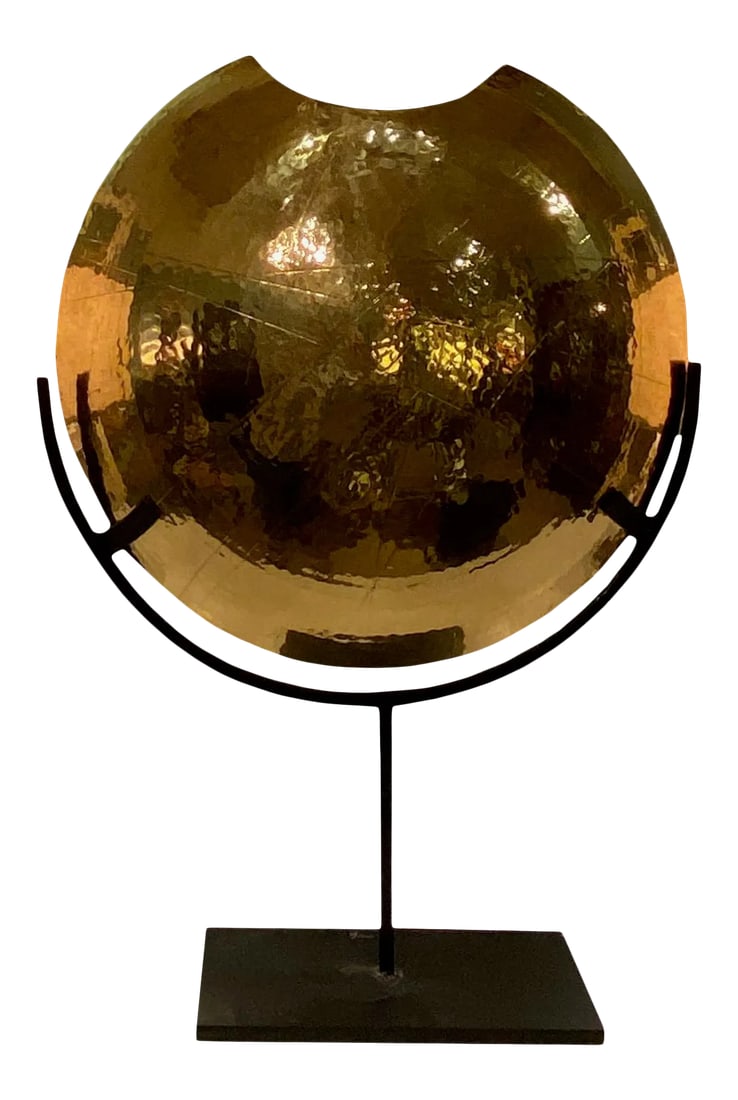 Large Late 20th Century Brass and Iron Contemporary Vase: A wonderful contemporary style circular brass and iron vase. A large and commanding piece that really makes a presence. Condition: Alterations: Original Condition Unaltered Imperfections: Some