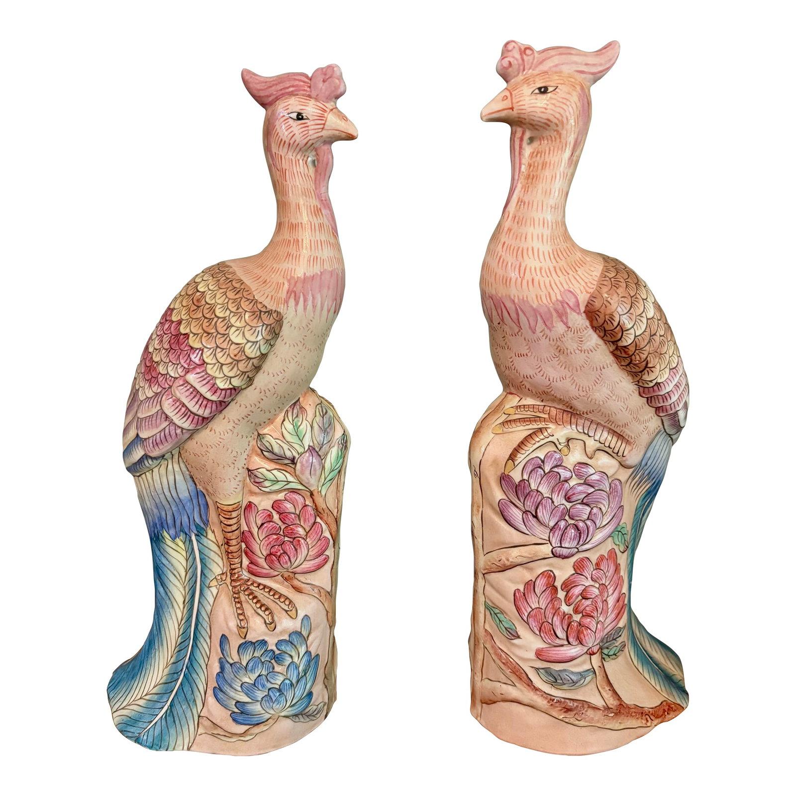Vintage Ceramic Chinese Bird Sculpture Figurines-a Pair-Mid Century Modern Palm Beach Tropical Coast: Stunning peacock phoenix bird sculptures will elevate your space. This pair possesses such gorgeous color that lends itself to a variety of settings from Palm Beach Regency, a Bohemian vibe and an