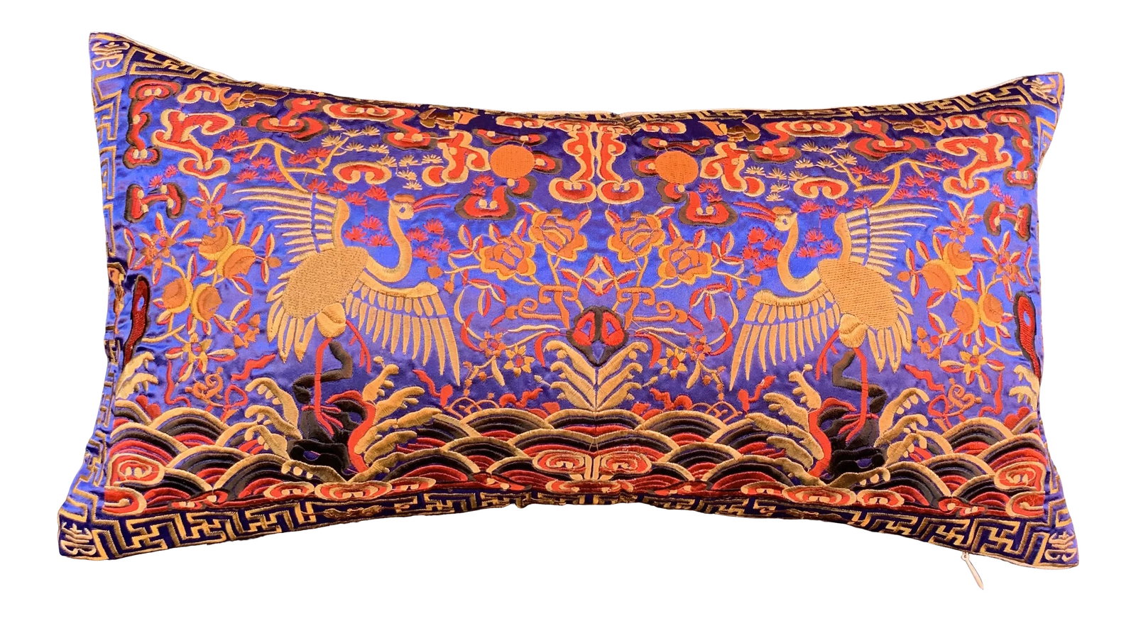 Hollywood Regency Blue & Gold Silk Embroidered Chinoiserie Boudoir Lumbar Pillow (1 of 7)
