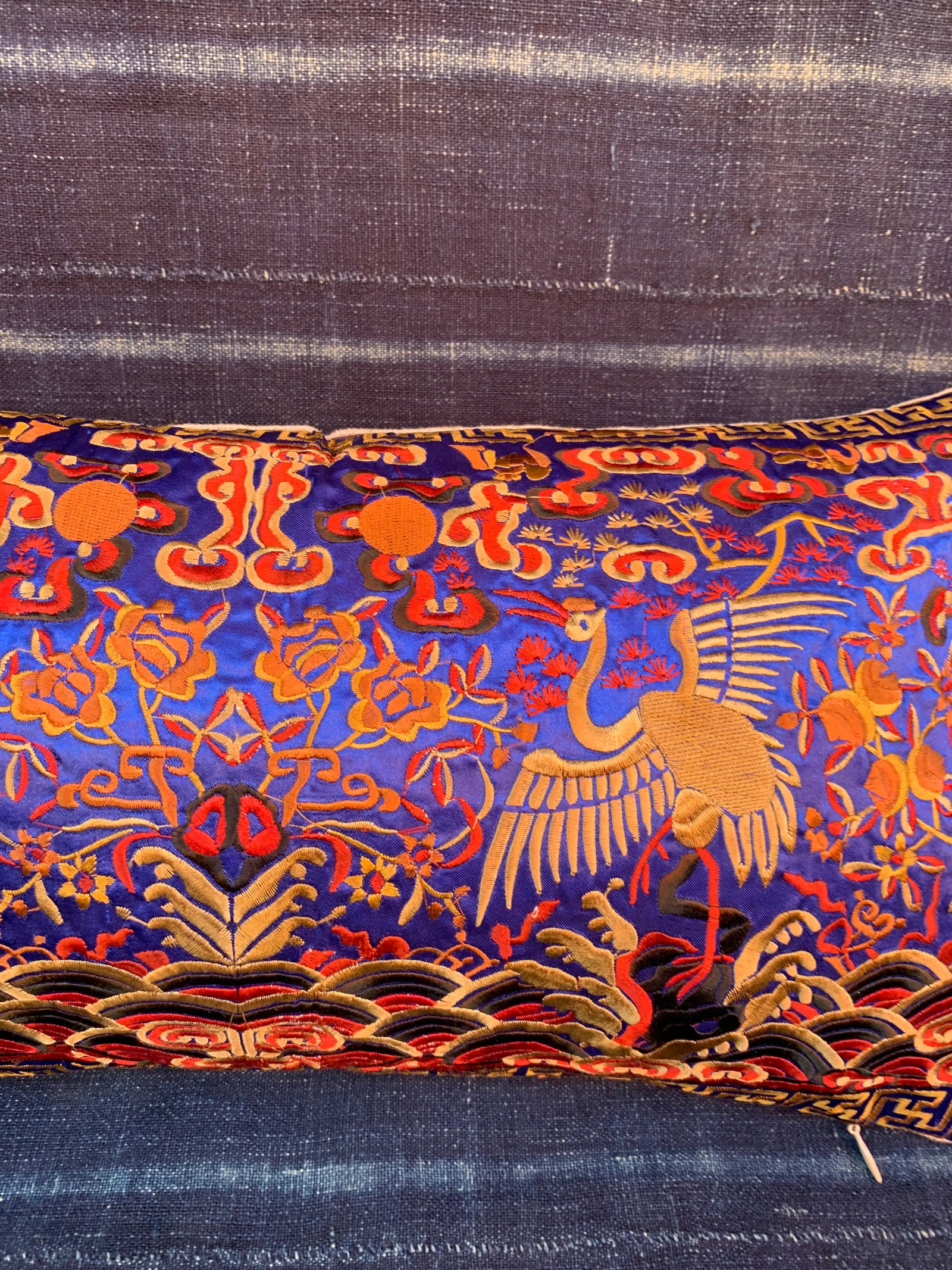 Hollywood Regency Blue & Gold Silk Embroidered Chinoiserie Boudoir Lumbar Pillow - 2