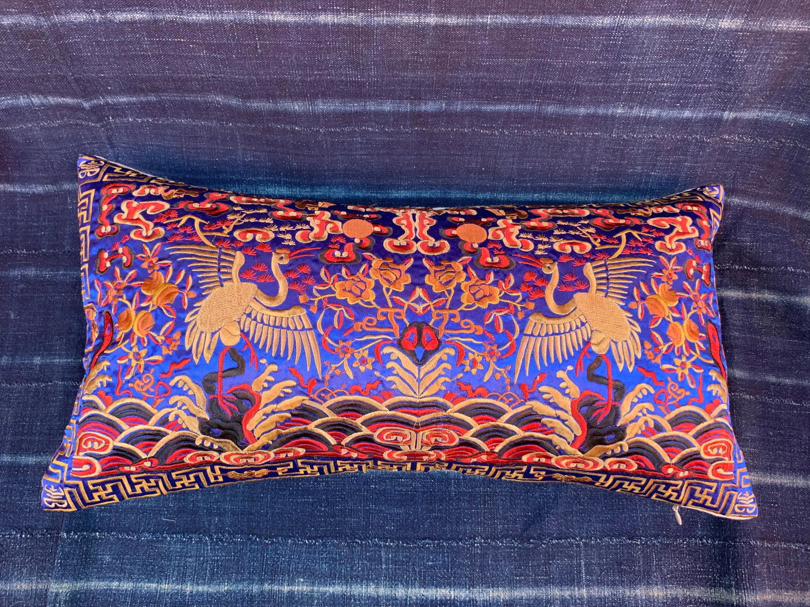 Hollywood Regency Blue & Gold Silk Embroidered Chinoiserie Boudoir Lumbar Pillow - 3