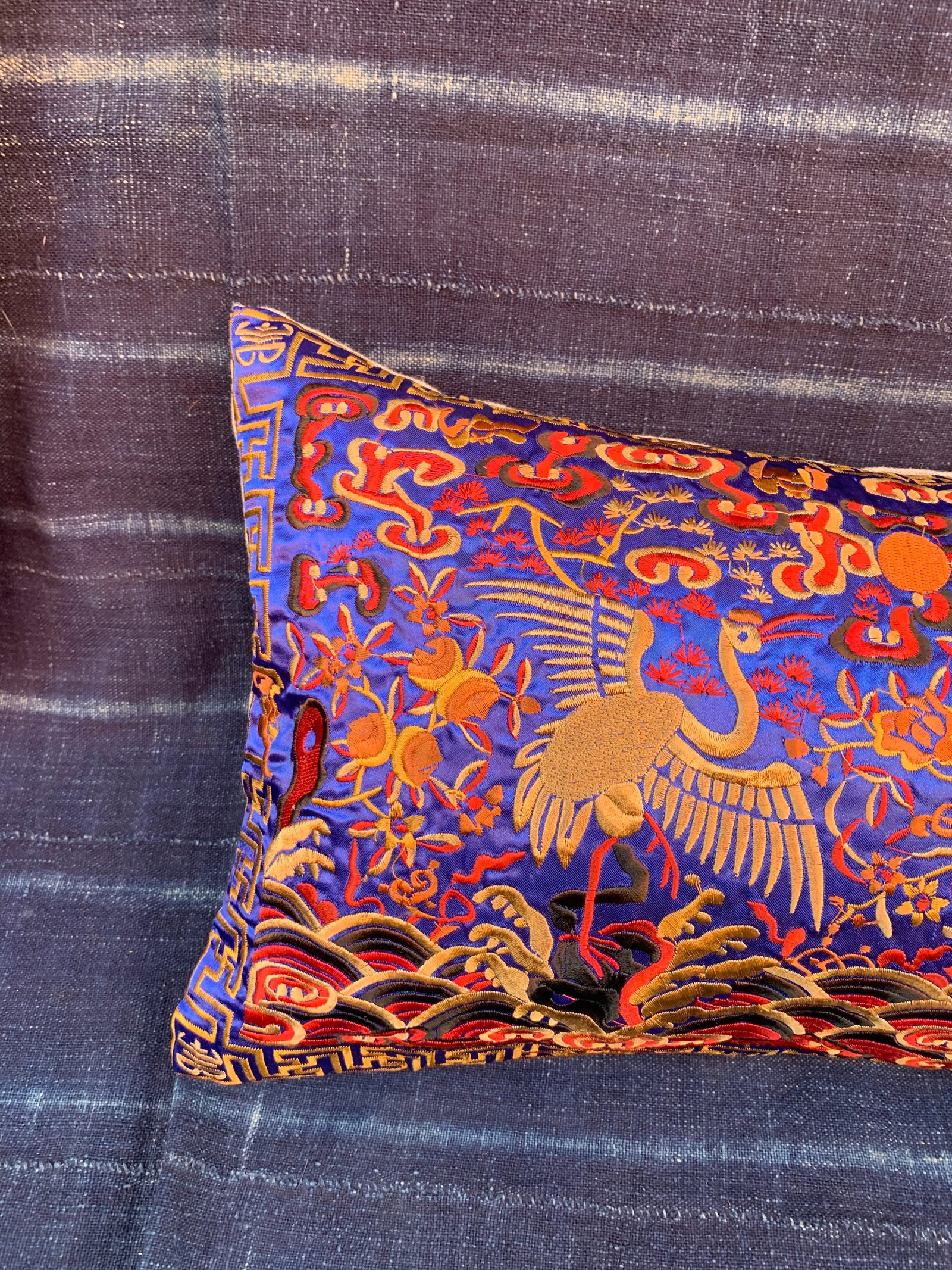 Hollywood Regency Blue & Gold Silk Embroidered Chinoiserie Boudoir Lumbar Pillow - 5