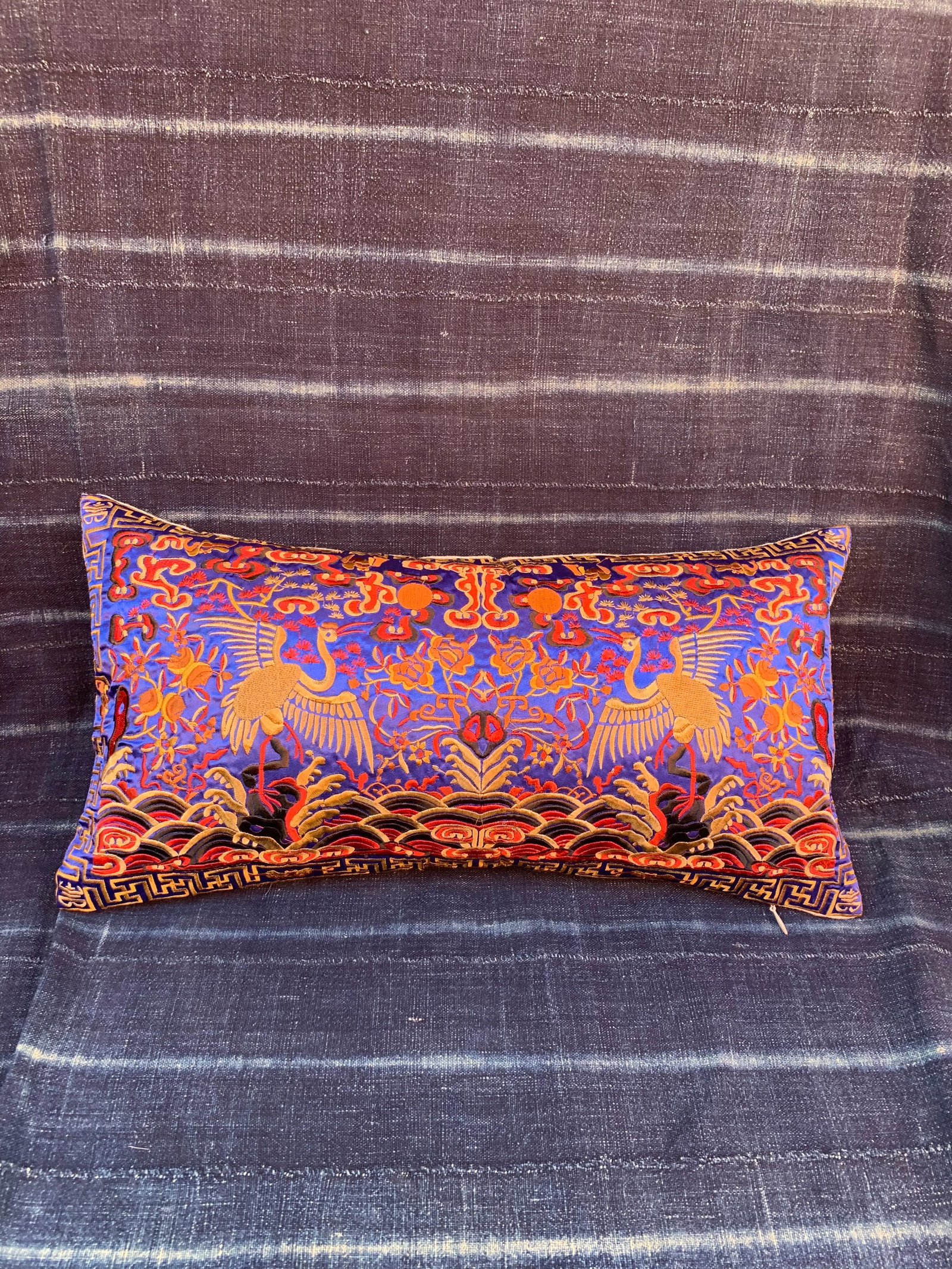 Hollywood Regency Blue & Gold Silk Embroidered Chinoiserie Boudoir Lumbar Pillow - 7