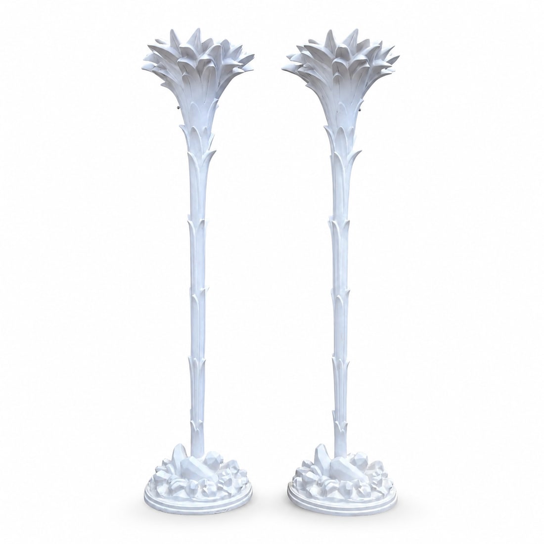 Serge Roche Style Torchere Palm Floor Lamps - a Pair: Stunning pair of Art Deco torchere floor lamps in the manner of Serge Roche. This fabulous pair of Hollywood Regency style hand carved wood and plaster torcheres, are an epic statement piece in any