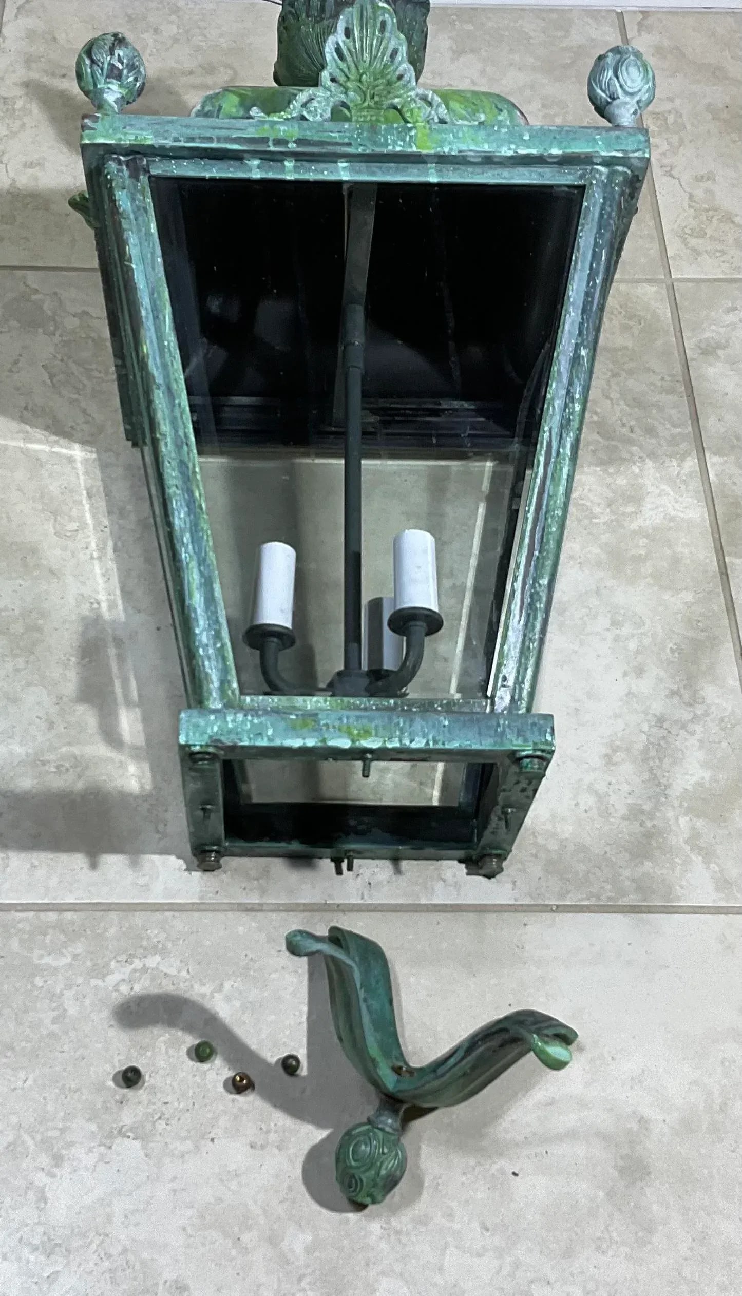 Four-Sides Brass and Bronze Vintage Hanging Lantern - 9